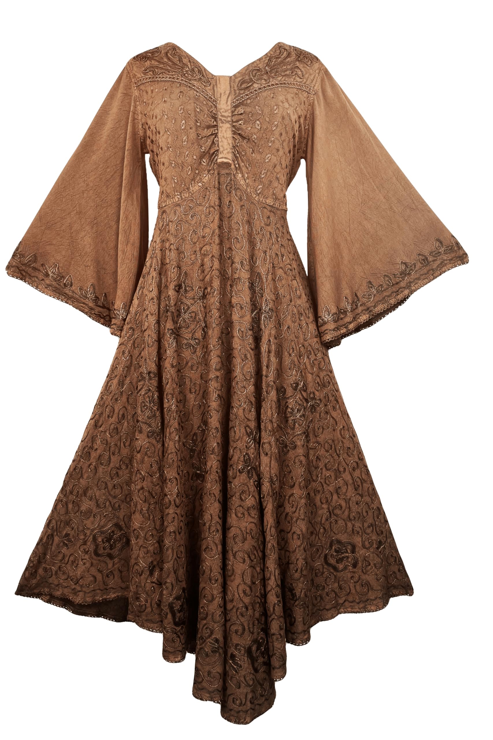 Agan Traders Women's 2025 Spring Bohemian Medieval Renaissance Embroidered Bell Sleeve Flared Calf-Length Dress Gown - Perfect for Renaissance Fairs, Themed Parties & Boho Fashion Events