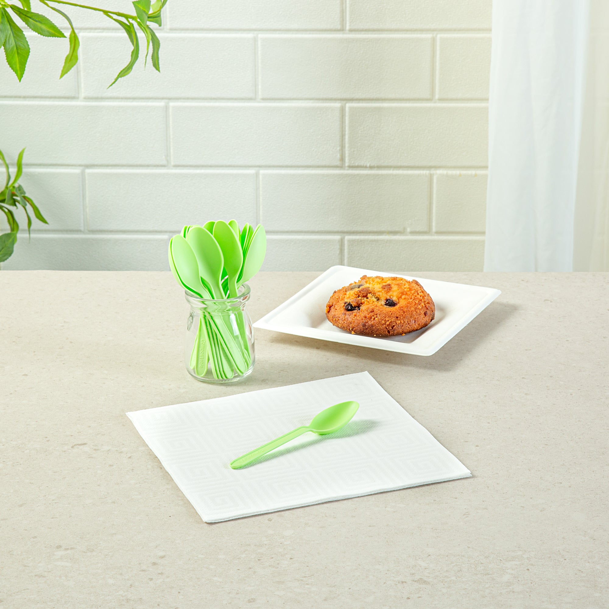Eco-Friendly Green CPLA Plastic Dessert Spoons - Heat Resistant, Compostable, 100-Pack (5