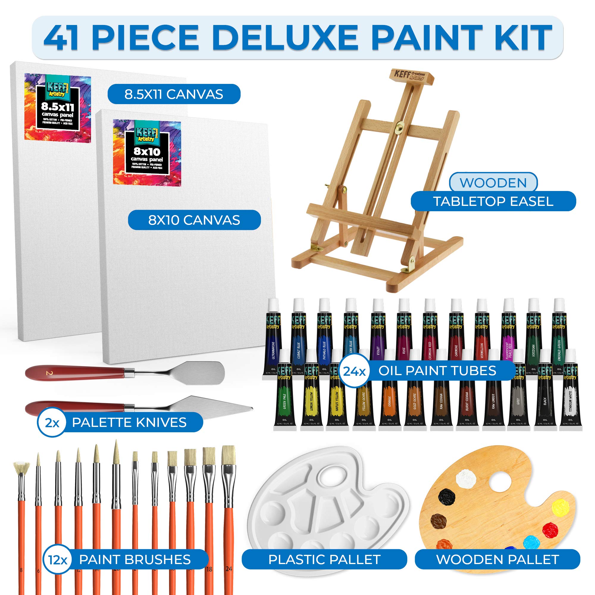 Premium KEFF Oil Painting Kit - 24 Vibrant Oil Paints, Stretched Canvas, Wooden Easel, Brushes & Palette Knives Set for Artists & Beginners | Perfect for Home Studio, Classroom & DIY Art Projects