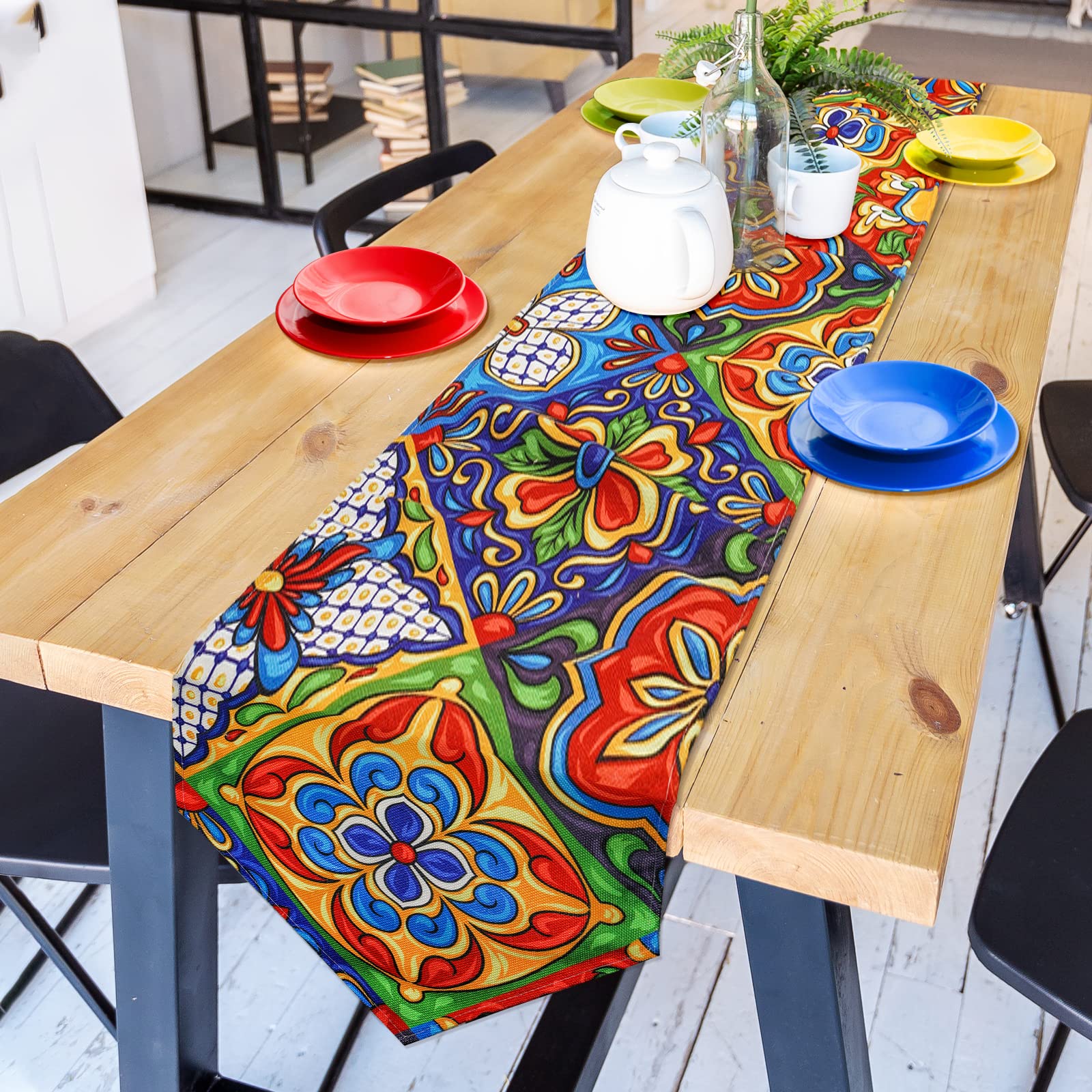 Authentic Mexican Talavera Ceramic Tile Pattern Linen Table Runner - 13