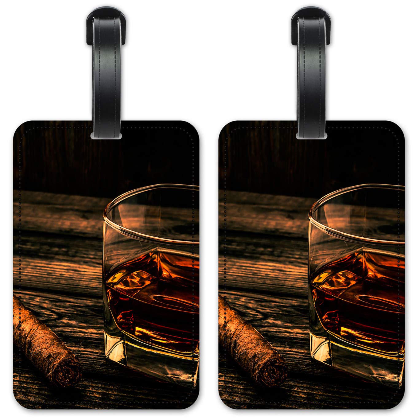 Premium Leather Luggage ID Tags for Cigar & Whiskey Lovers - Personalized Suitcase Identification Cards Set of 2 - Perfect for Travel, Business Trips & Luxury Gift Giving