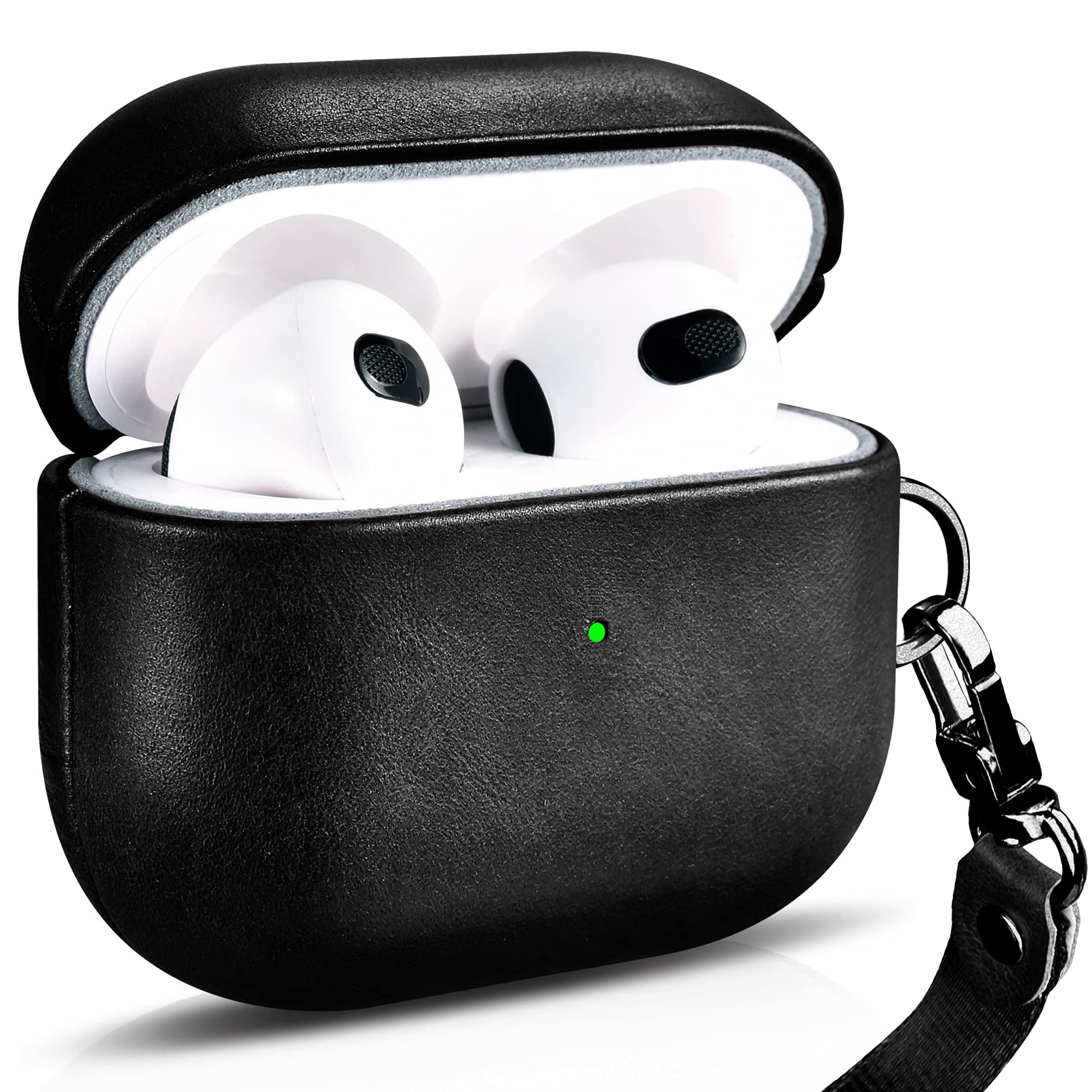 Premium Genuine Leather Case for AirPods 3 (2021) - Wireless Charging Compatible with Visible LED & Detachable Lanyard - Perfect for Travel, Work & Everyday Protection