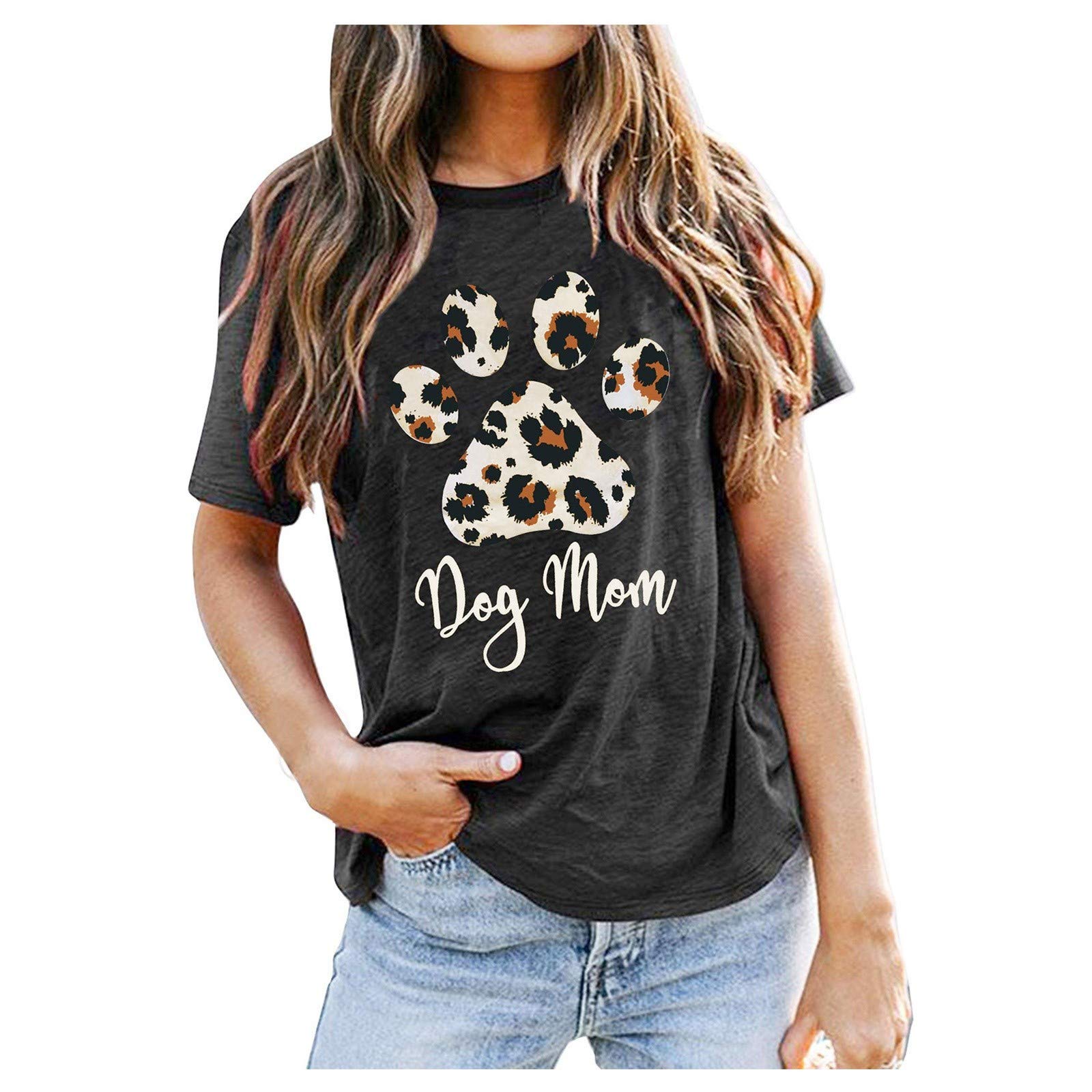 Women's Leopard Print Short Sleeve T-Shirt - Casual Tunic Top with Dog Lovers Design & Letter Graphics | Perfect for Casual Wear, Pet Lover Outfits & Everyday Fashion