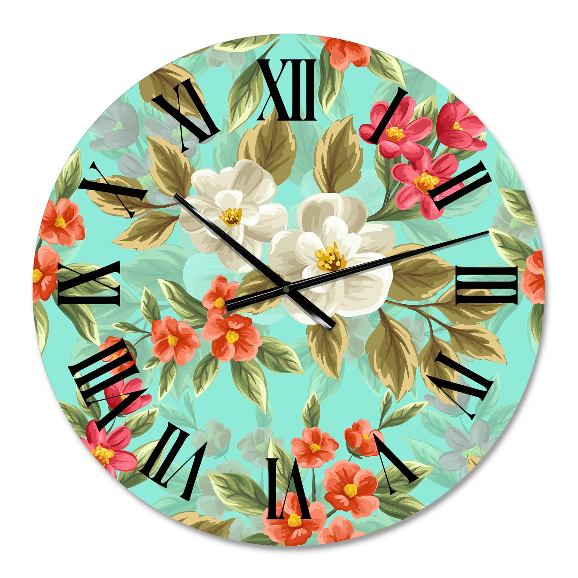 DesignQ Traditional Floral Seamless Pattern Large Wall Clock - Elegant Botanical Decor for Office, Living Room & Bedroom | Silent Non-Ticking Mechanism