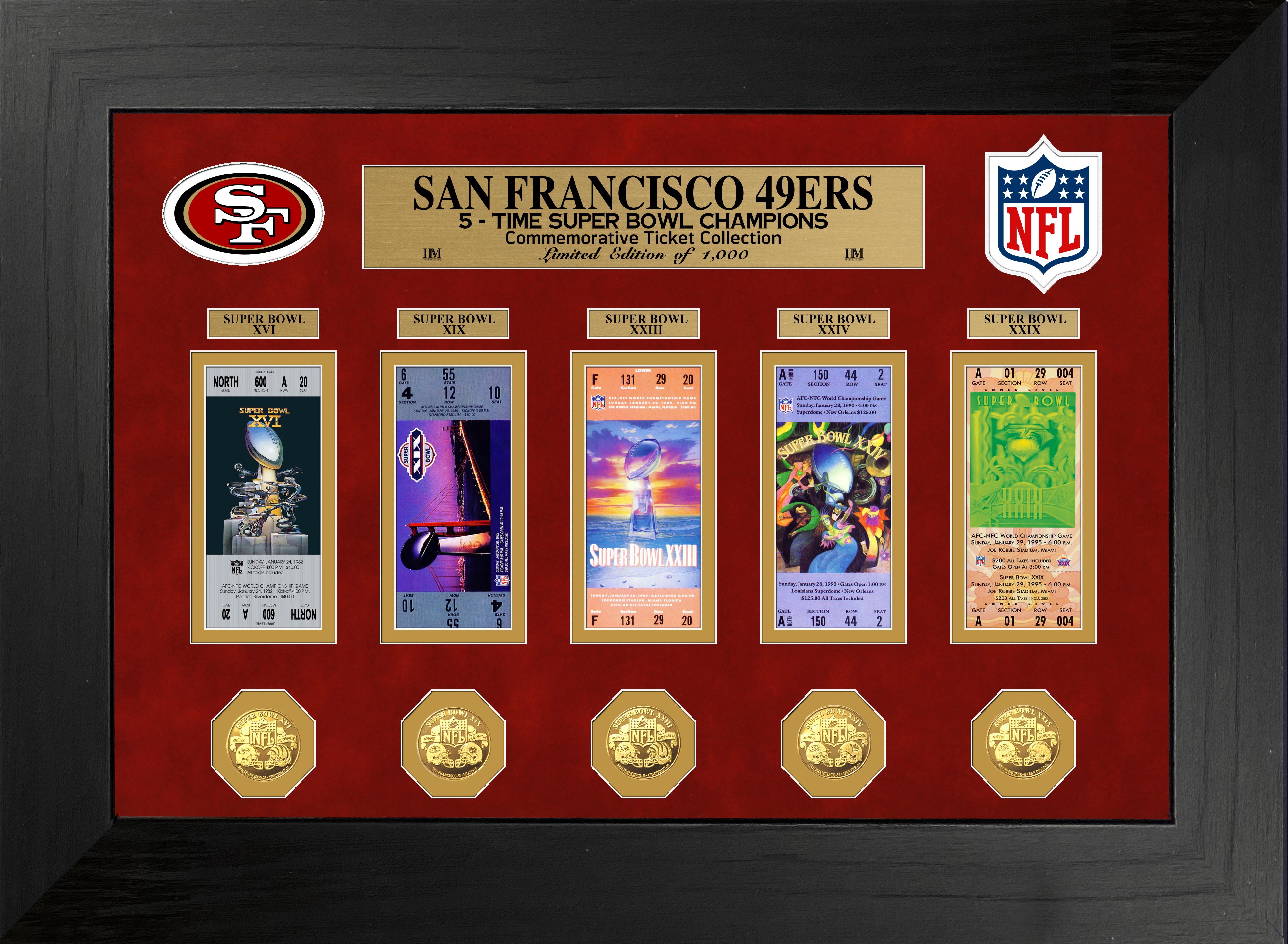 San Francisco 49ers Super Bowl Commemorative Ticket & Coin Collection Framed Display - Perfect for NFL Fans, Sports Memorabilia Collectors, and Man Cave Decor