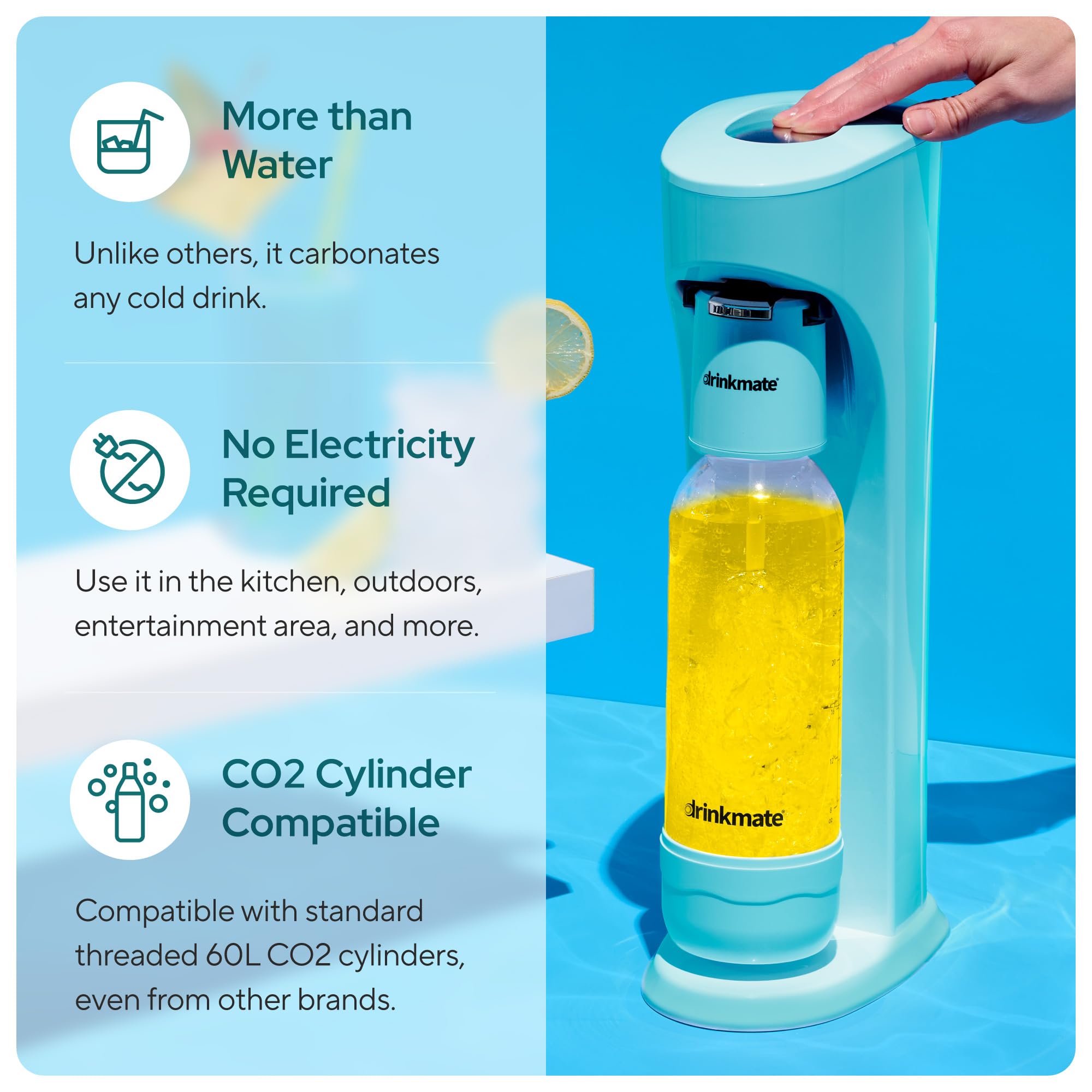 Drinkmate OmniFizz Sparkling Water & Soda Maker Machine - Carbonates Any Beverage with 2x 60L CO2 Cylinders, 3 Carbonation Bottles & 2 Fizz Infusers - Party Pack (Arctic Blue) | Perfect for Home, Office, Parties & Healthy Hydration