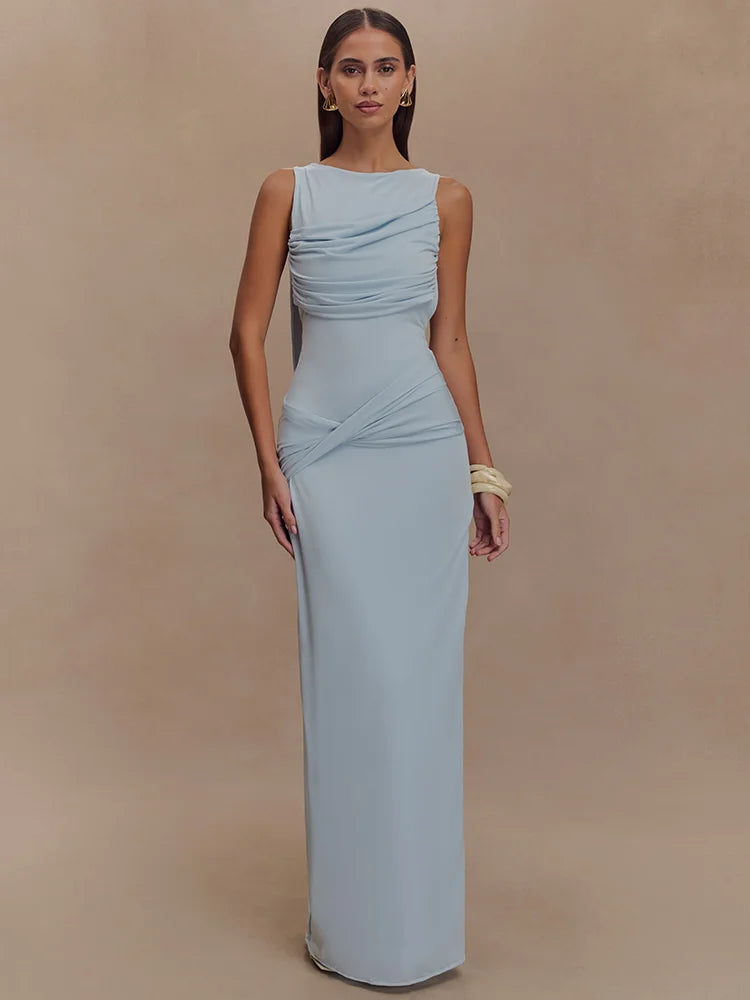 Sexy Backless Ruched Maxi Tank Dress for Women - Elegant O Neck Thigh High Split Bodycon Long Gown | Perfect for Summer Parties, Date Nights & Beach Vacations