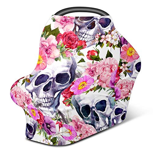 Breathable Baby Car Seat Cover & Nursing Scarf - Skull & Flower Design Stretchable Infant Stroller Canopy for Boys & Girls | Perfect for Travel, Breastfeeding & Car Seat Protection