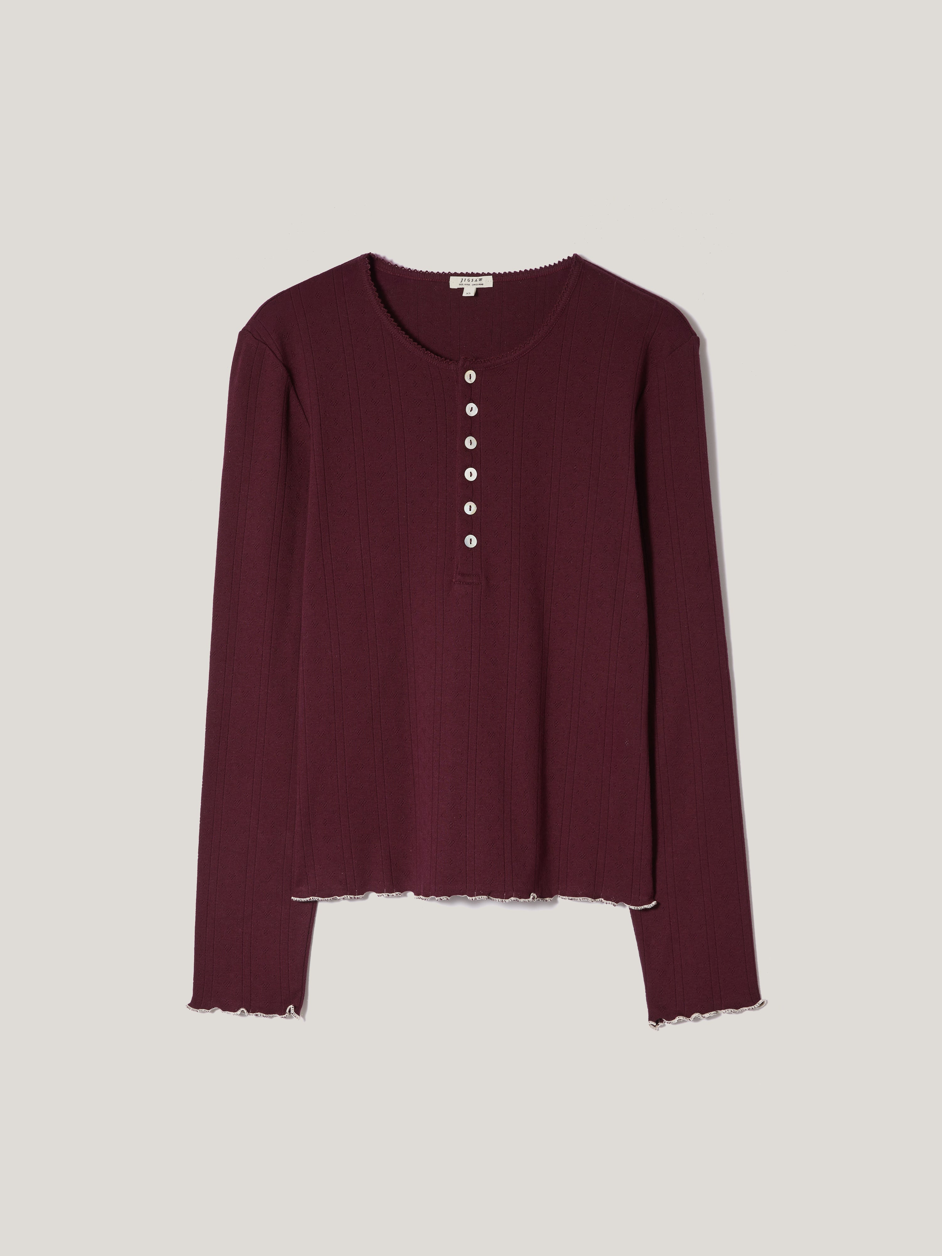 Pointelle Henley Pajama Top for Women - Soft & Comfortable Sleepwear in Burgundy - Perfect for Lounging, Sleeping & Relaxing at Home