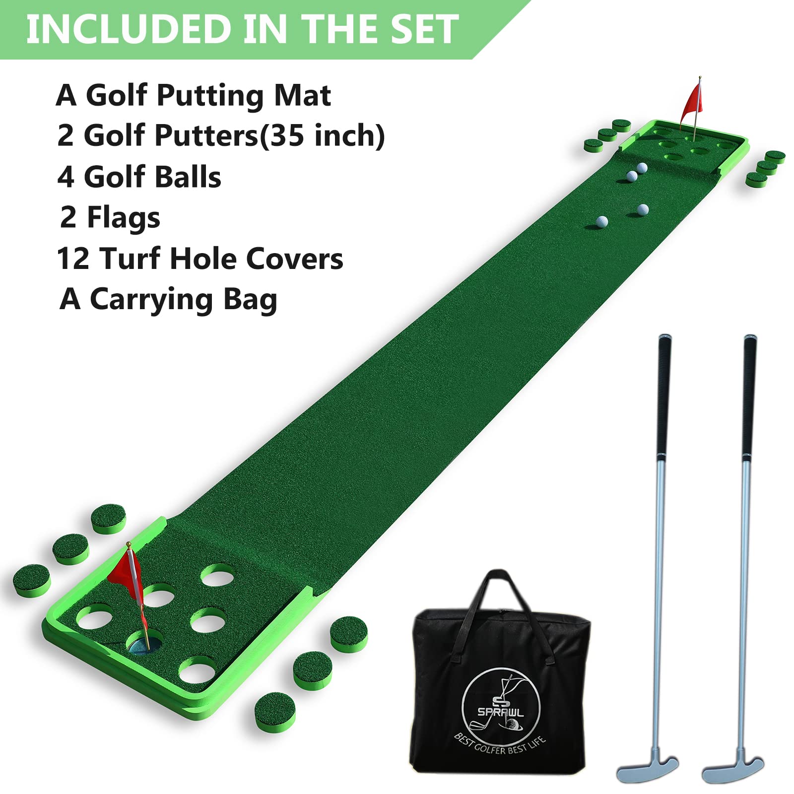 SPRAWL Golf Pong Game Set - Indoor/Outdoor Putting Mat with Golf Putters for Practice & Training | Perfect Golf Gift for Home, Office, Backyard | Great for Parties, Family Fun & Skill Improvement