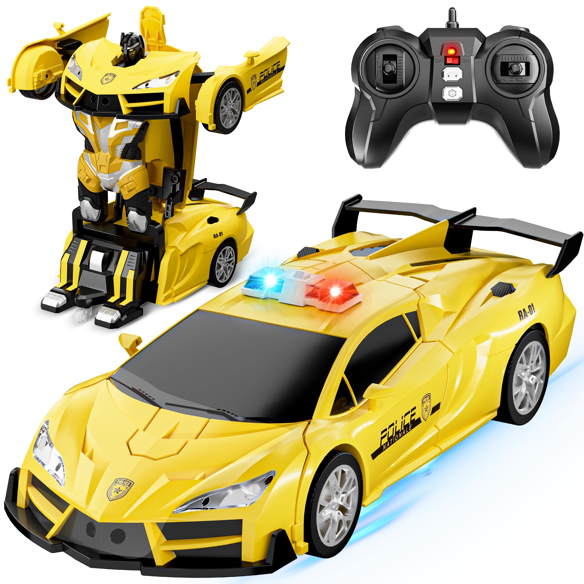 2.4Ghz Remote Control Car - 1:18 Scale Transforming Robot Police Toy with One-Button Deformation & 360° Rotation for Kids Ages 4-12 | Interactive RC Toy for Boys & Girls (Yellow) | Perfect for Indoor Play, Birthday Gifts & STEM Learning