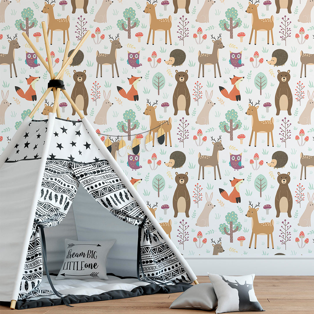 Forest Animals Wallpaper CC135 - Self-Adhesive Removable Peel and Stick Wallpaper for Nursery, Kids Room, Bedroom Decor - Easy DIY Home Decoration for Walls