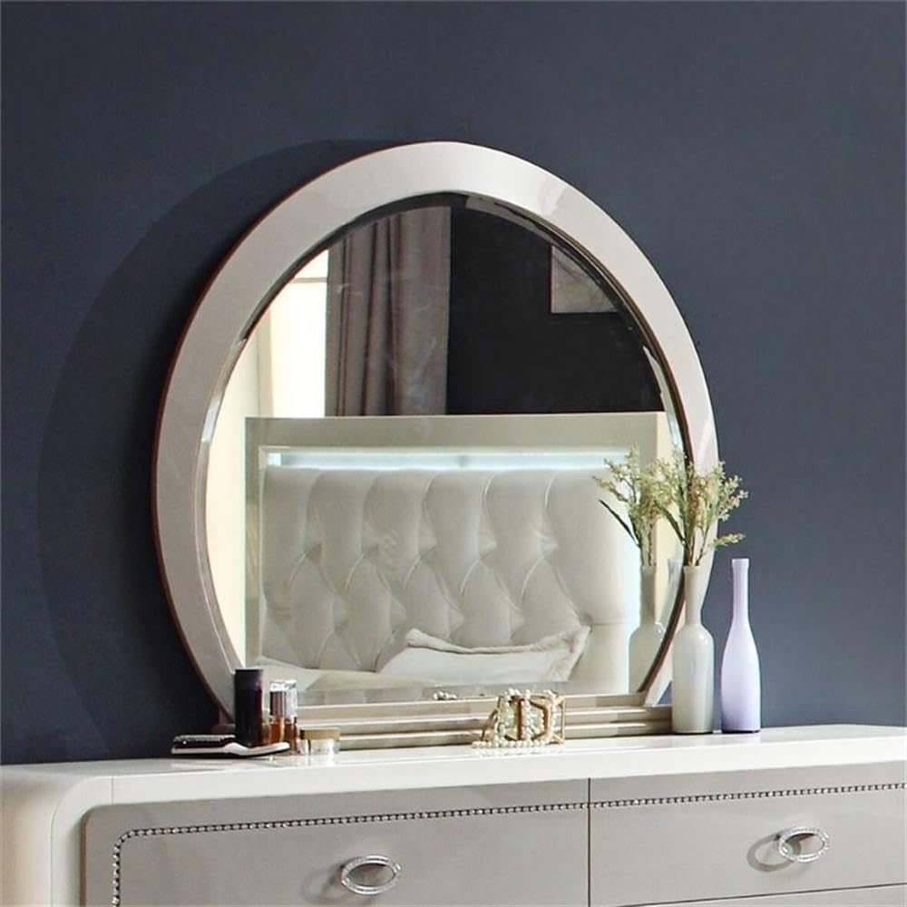 Acme Allendale Oval Wood Frame Bedroom Mirror in Ivory & Latte High Gloss - Elegant Wall Mirror for Bedroom, Bathroom & Entryway Decor