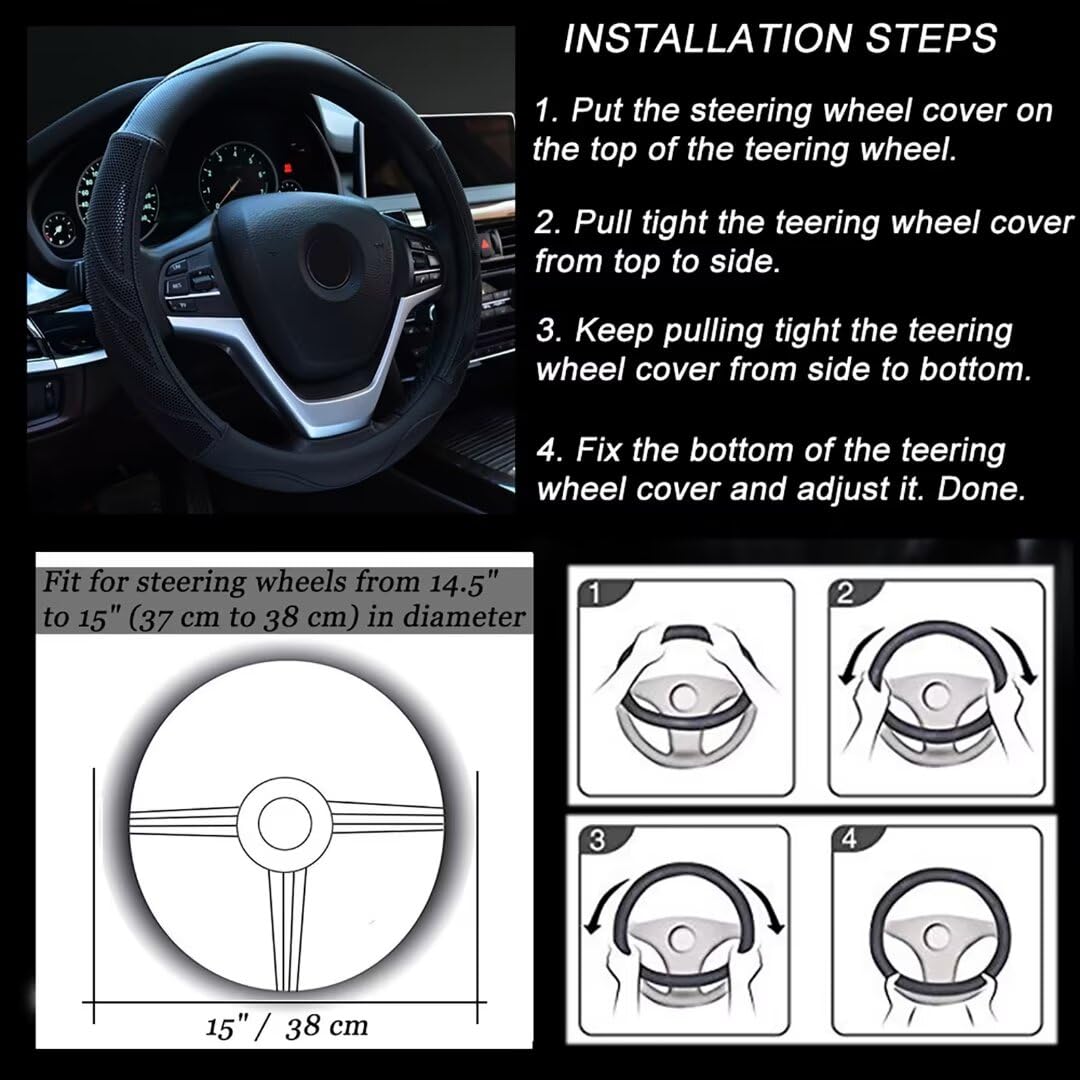 Breathable Auto Car Steering Wheel Cover - Microfiber Leather 15 Inch Black - Universal Fit for Men & Women - Comfortable Grip for Long Drives & Road Trips