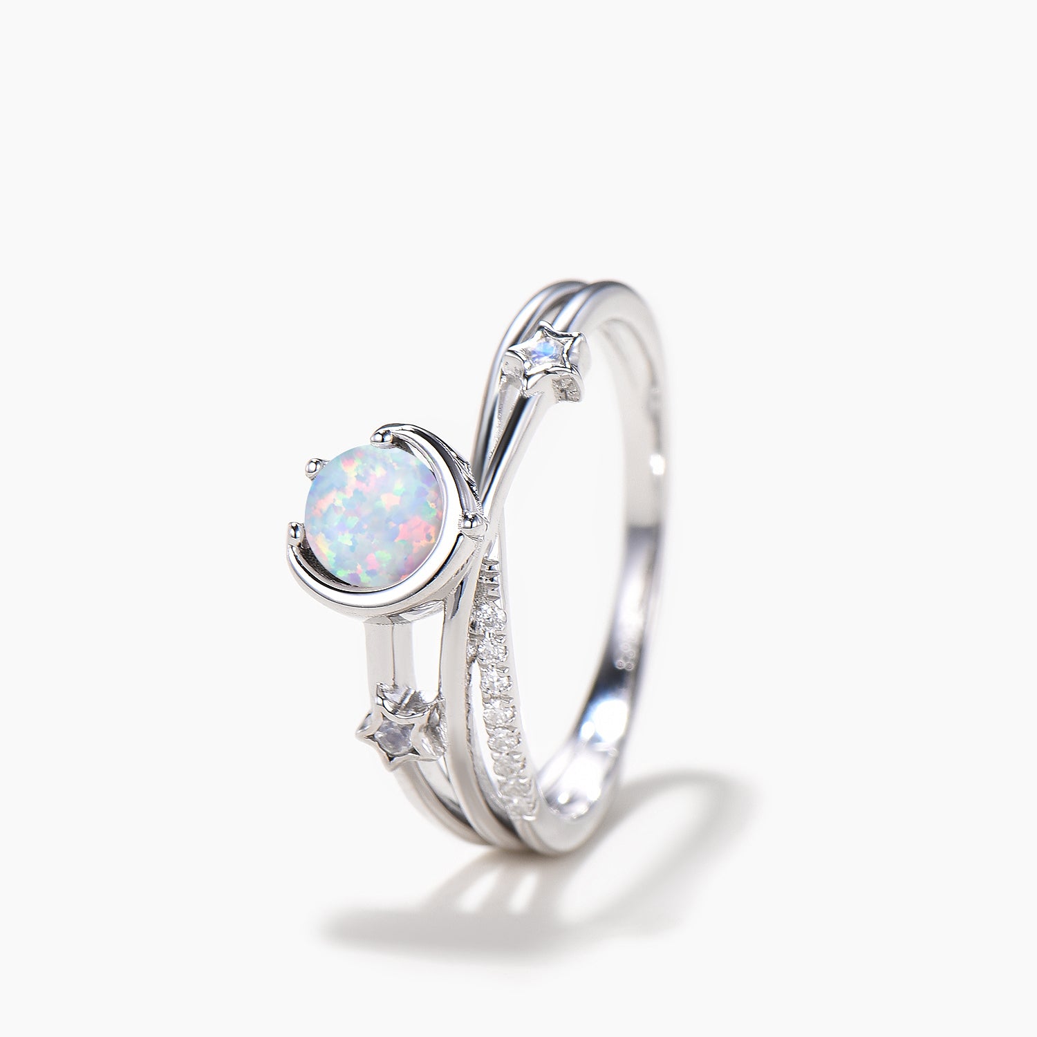 Round Cut White Opal Moon Star Engagement Ring - Twisted Diamond Wedding Band for Women | Perfect for Proposals, Anniversaries & Romantic Occasions