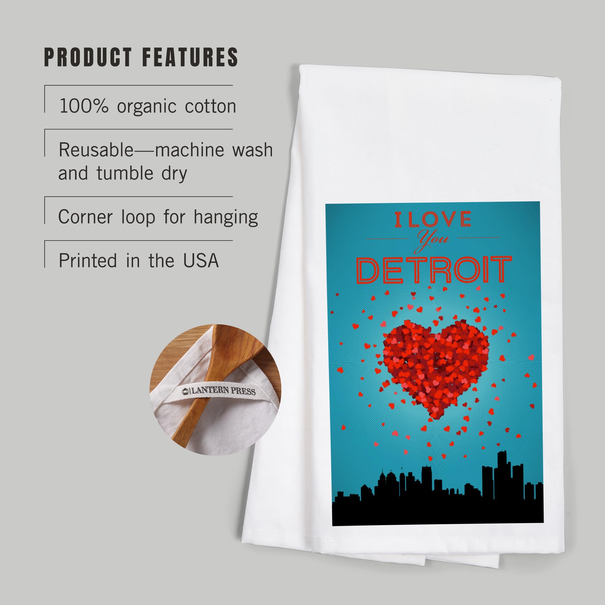 I Love You Detroit Michigan Cotton Tea Towel - 100% Cotton Decorative Hand Towel for Kitchen & Home Decor - Perfect for Gifts, Housewarming & Michigan Pride Displays
