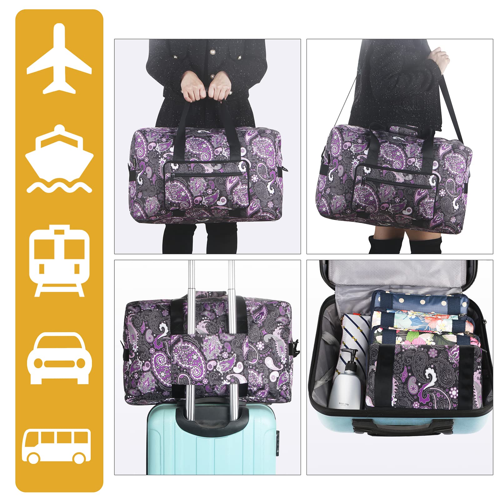 F.FETIVIN Women's Weekender Bag - Medium Carry On Travel Duffle Overnight Bag with Paisley Pattern (Purple) - Perfect for Weekend Getaways, Gym, Business Trips & Airplane Travel