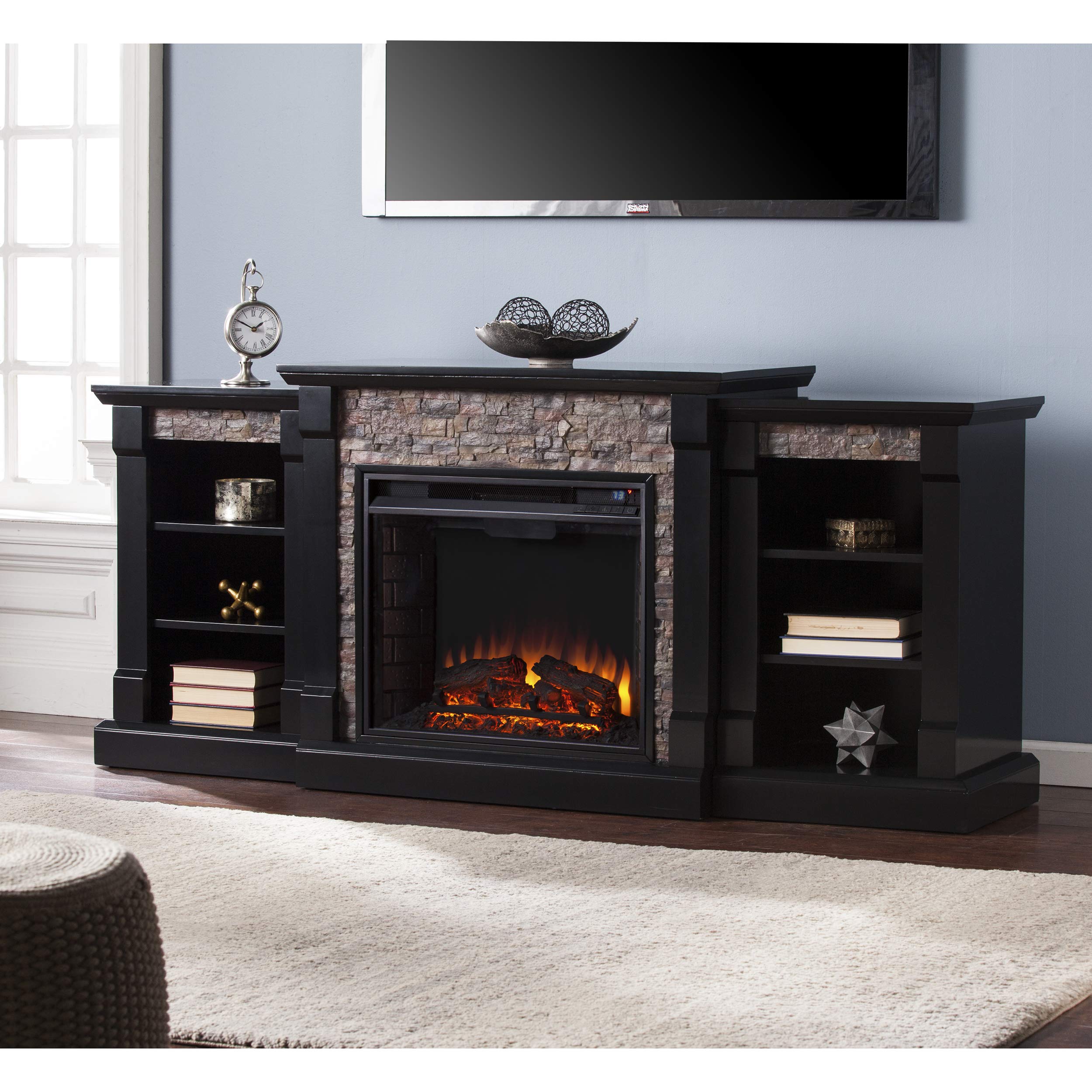 Gallatin Faux Stone Electric Fireplace with Built-in Bookcases - Modern Home Heating Solution for Living Room & Bedroom