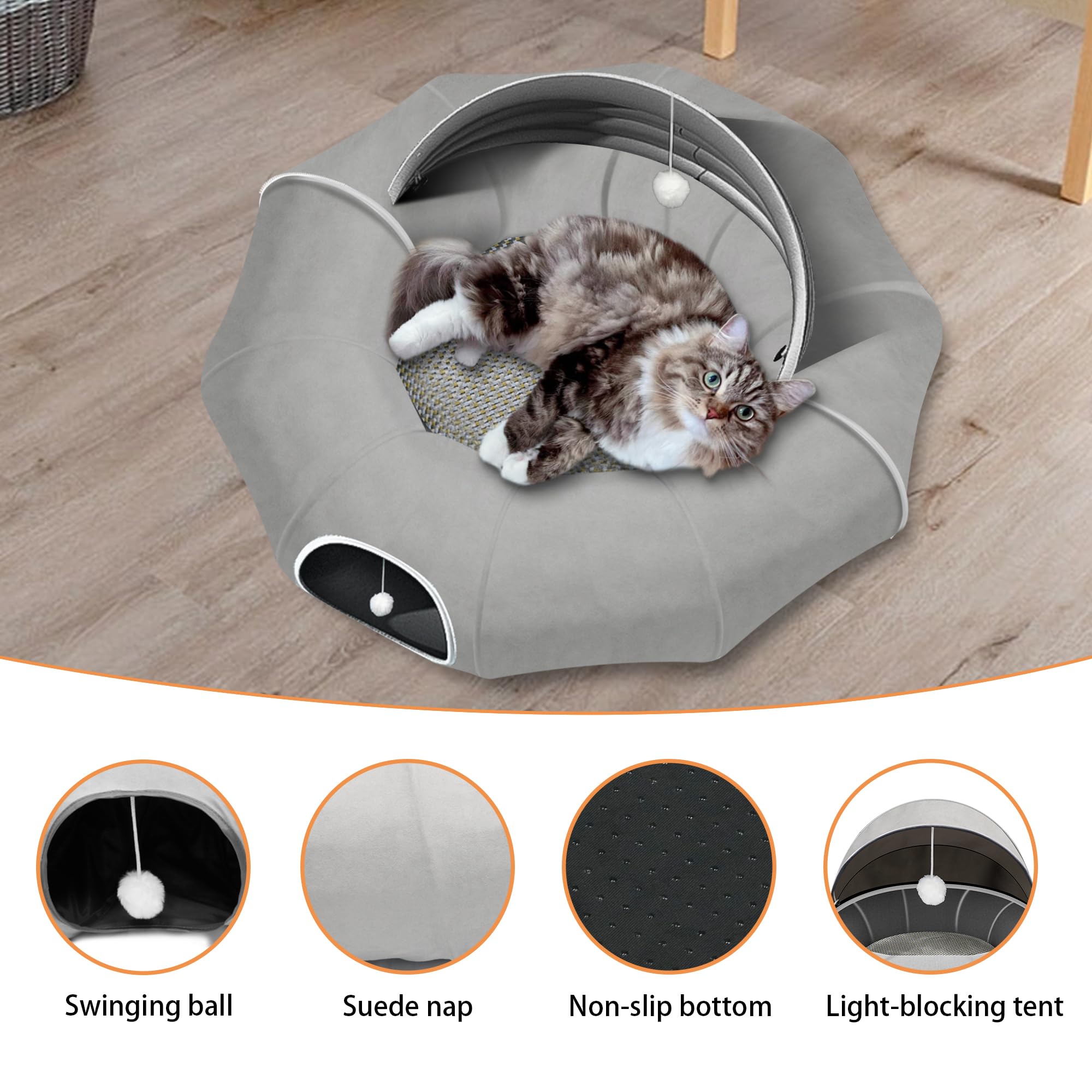 Large Cat Tunnel Bed with Ball Toy & Washable Mat - Detachable Straight Tunnel for Indoor Cats | Multi-Functional Pet Playhouse for Playtime & Napping - Cool Comfort Mat Included