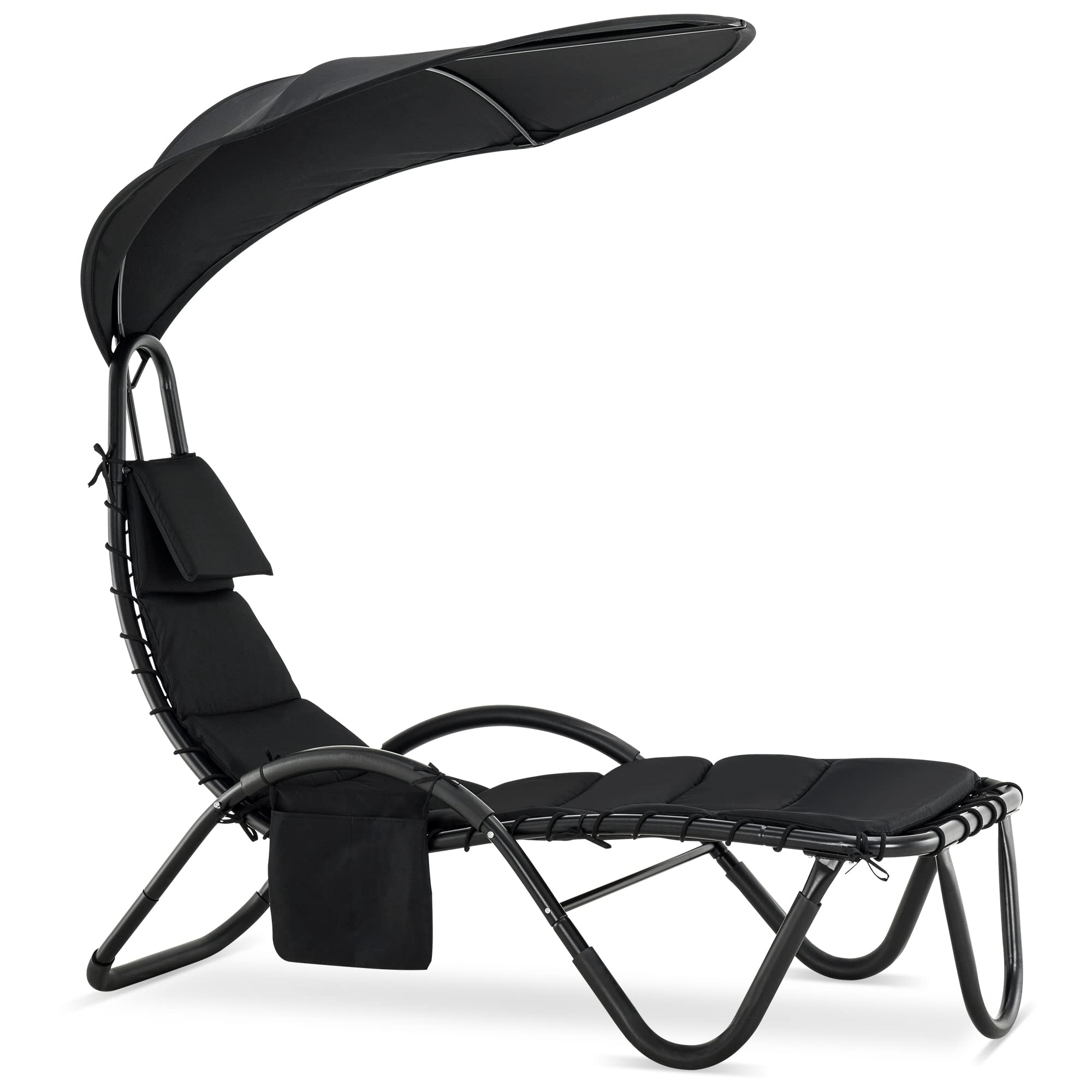 MCombo Outdoor Steel Chaise Lounge Chair with Removable Canopy & Cushions - Adjustable Reclining Chair with Side Pocket & Arc Stand - Perfect for Beach, Poolside, Backyard, Balcony, Porch & Patio (Black, 4097) - Ideal for Sunbathing, Relaxing & Outdoor Lounging