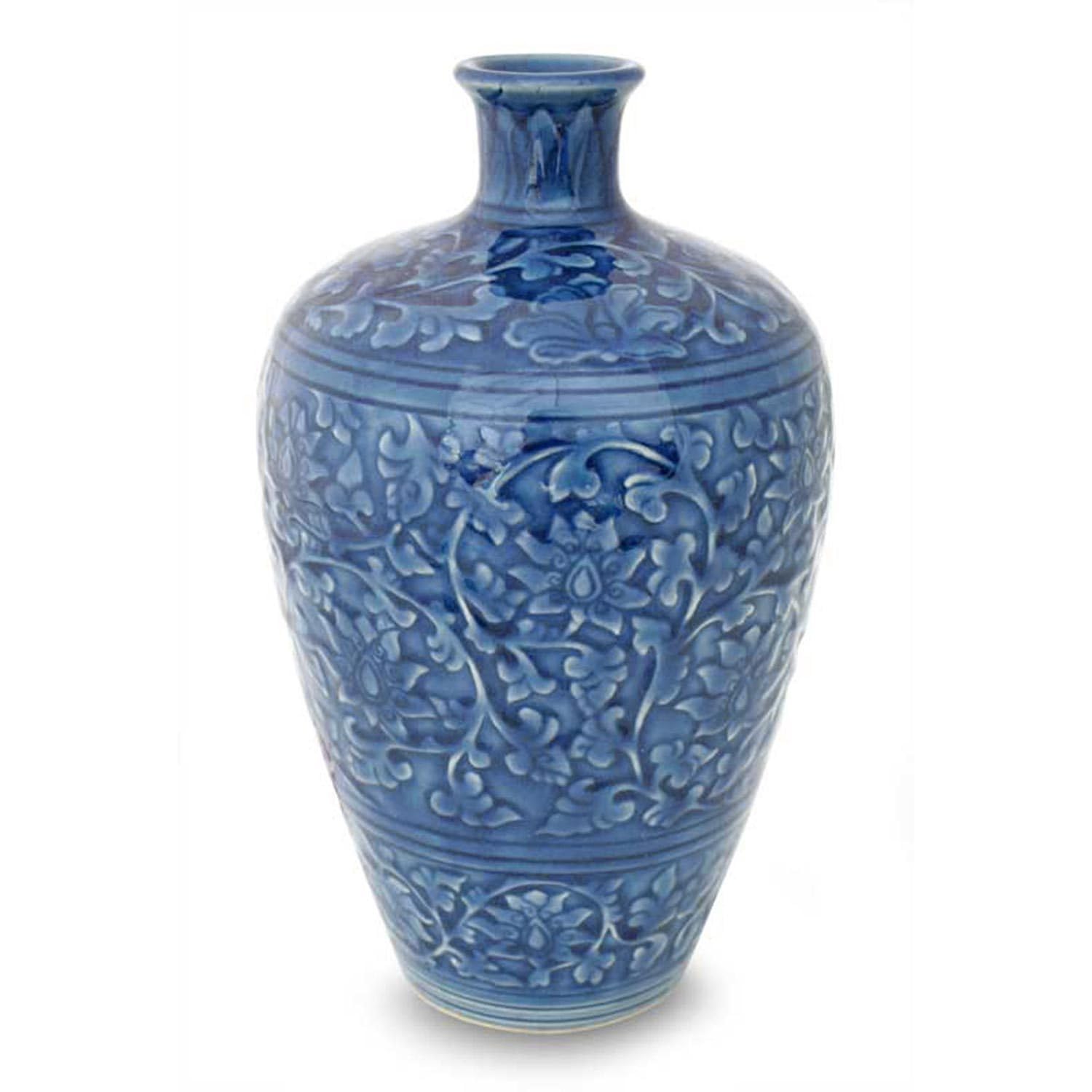 NOVICA Handcrafted Blue Ceramic Vase - 'Azure Lace' Leaf & Tree Design Decorative Vase for Home, Office & Wedding Decor | Perfect for Centerpieces, Gift Giving & Boho Chic Interiors