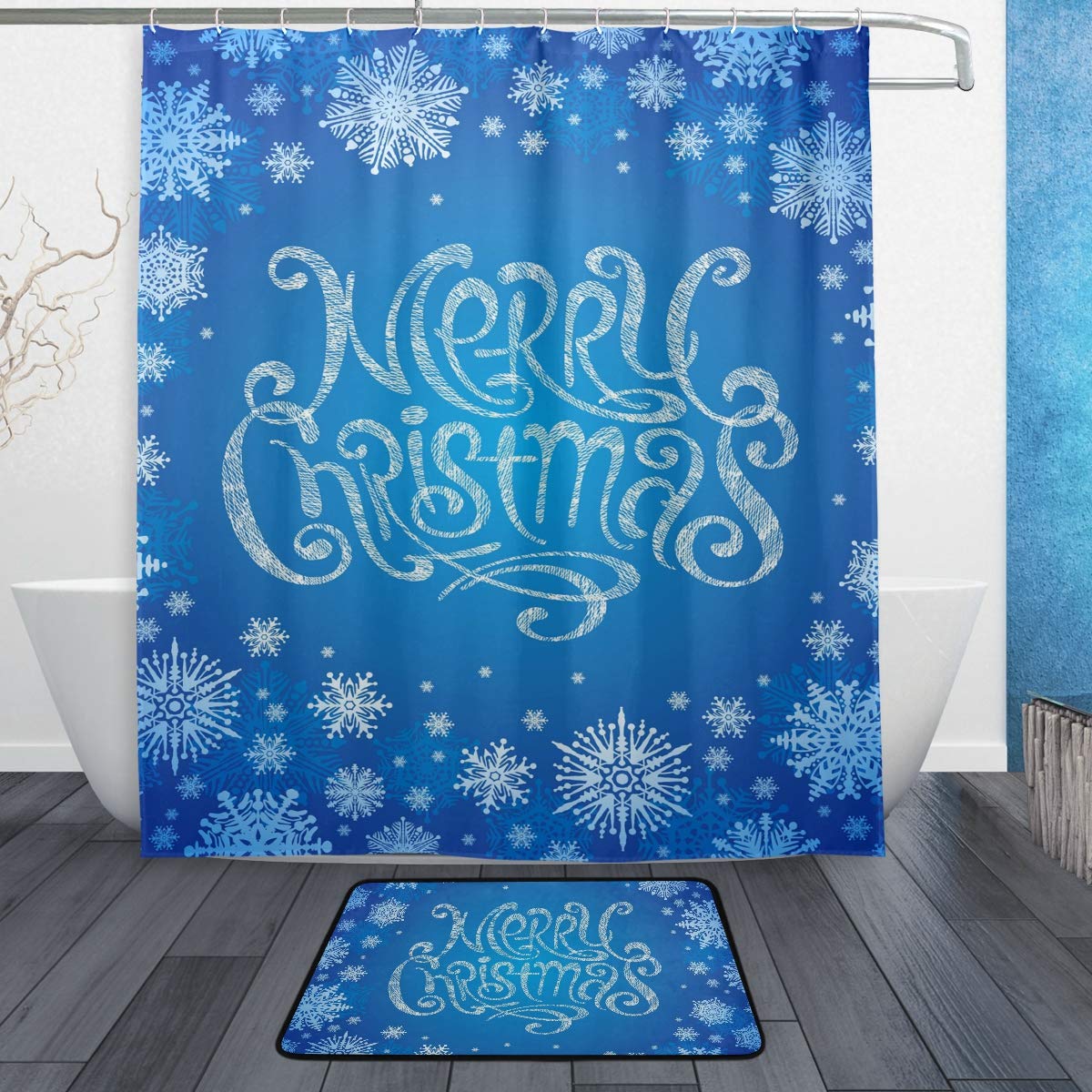Watercolor Snowflakes Christmas Shower Curtain & Bath Mat Set - 60x72 Inch Waterproof Holiday Bathroom Decor with Hooks & Non-Slip Rug - Perfect for Festive Bathroom Decorations, Holiday Home Styling & Winter Season Gifts