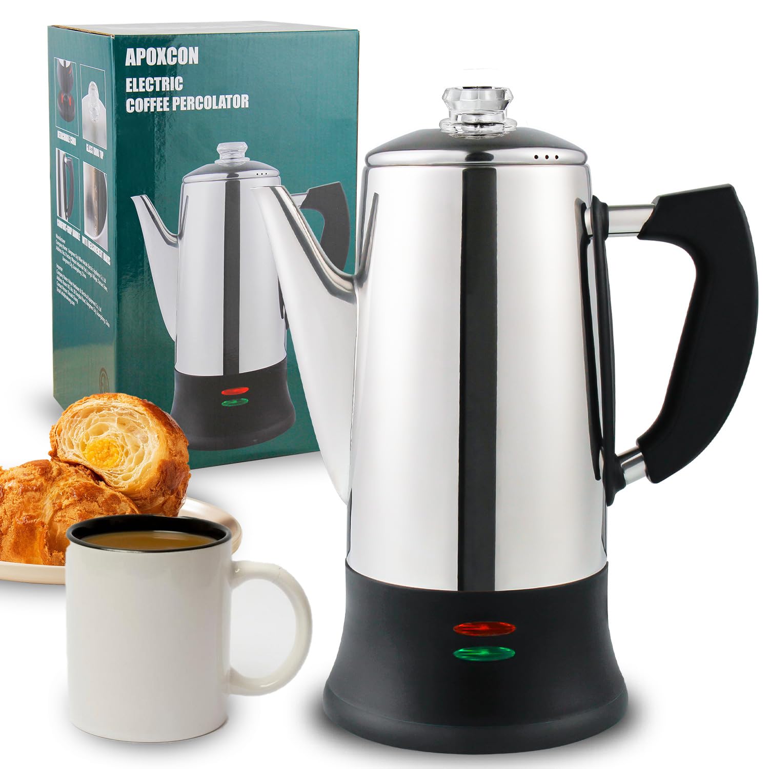 12 Cup Electric Coffee Percolator - ETL Approved Stainless Steel Coffee Maker with Heat-Resistant Glass Knob | Classic Cordless Design for Home, Office & Camping Use