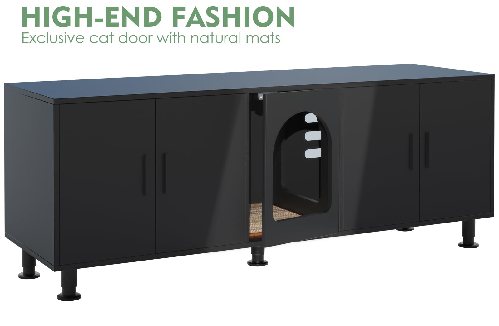 Wooden Cat Litter Box Enclosure Furniture for 2 Cats - Double Room Design with Cat Door, Black Finish with Legs - Perfect for Home, Apartment & Multi-Cat Households