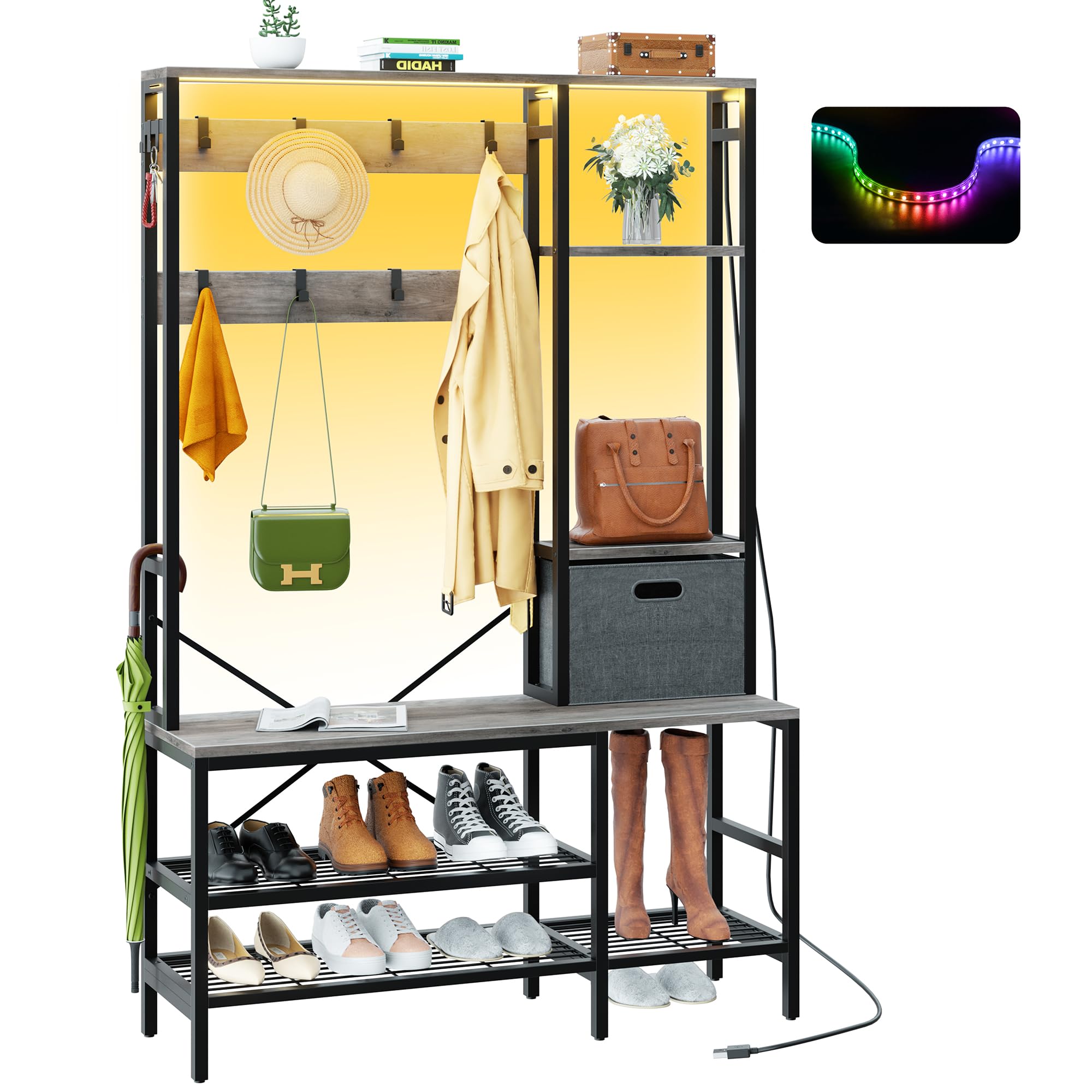 Meilocar 5-in-1 LED Hall Tree with Bench - Free Standing Coat Rack with Shoe Storage, Fabric Baskets & Side Hooks - Perfect for Entryway, Foyer, Mudroom & Home Organization (Gray)