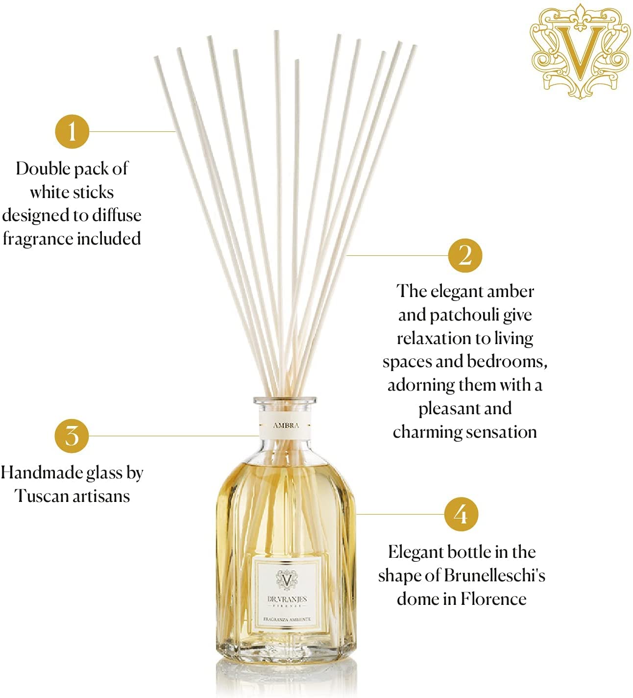 Dr. Vranjes Ambra 1250ml Premium Reed Diffuser Set with 3 White Rattan Sticks - Italian Luxury Home Fragrance, Oriental Scent with Amber, Patchouli & Sandalwood Notes - Perfect for Living Room, Bedroom & Office Decor
