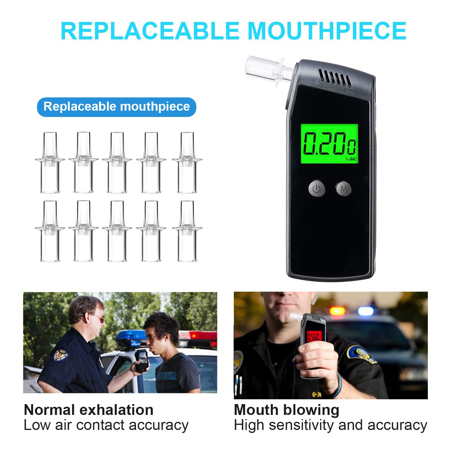 Professional Breathalyzer with High Accuracy - USB Rechargeable Alcohol Tester, Portable Digital LCD Display & 10 Disposable Mouthpieces - Perfect for Personal Safety, Workplace Testing & DUI Prevention