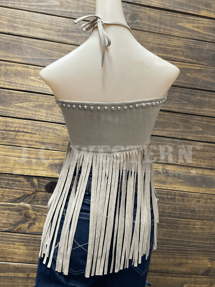 Lucky & Blessed Women's Suede Halter Fringed Top Sand - Bohemian Chic Summer Outfit for Beach Parties & Music Festivals