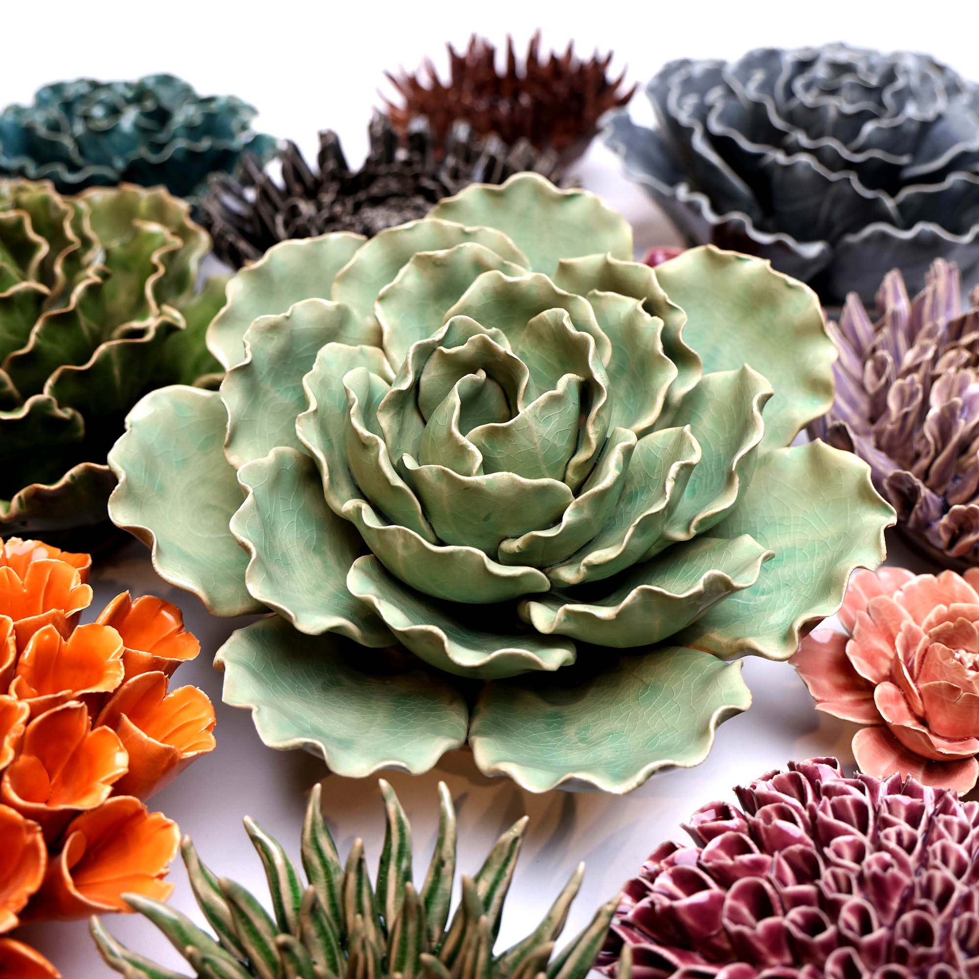 Premium Ceramic Flower Lettuce Mint XL 5-Piece Set - Elegant Home & Garden Decor for Indoor Plants, Wedding Centerpieces, and Tabletop Displays