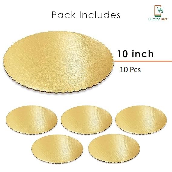 Premium 10-Inch Round Cake Boards (Pack of 10) - Sturdy MDF Cardboard Disposable Cake Stand for Wedding, Birthday & Party Decorations - Gold Scalloped Edge Tart & Pizza Base - Perfect for Bakers & Dessert Displays