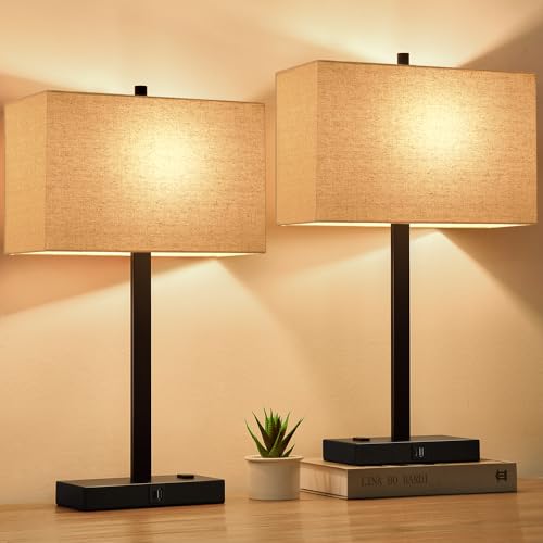 Beige Linen & Matte Black(Base)-Two 2700K Bulbs Included