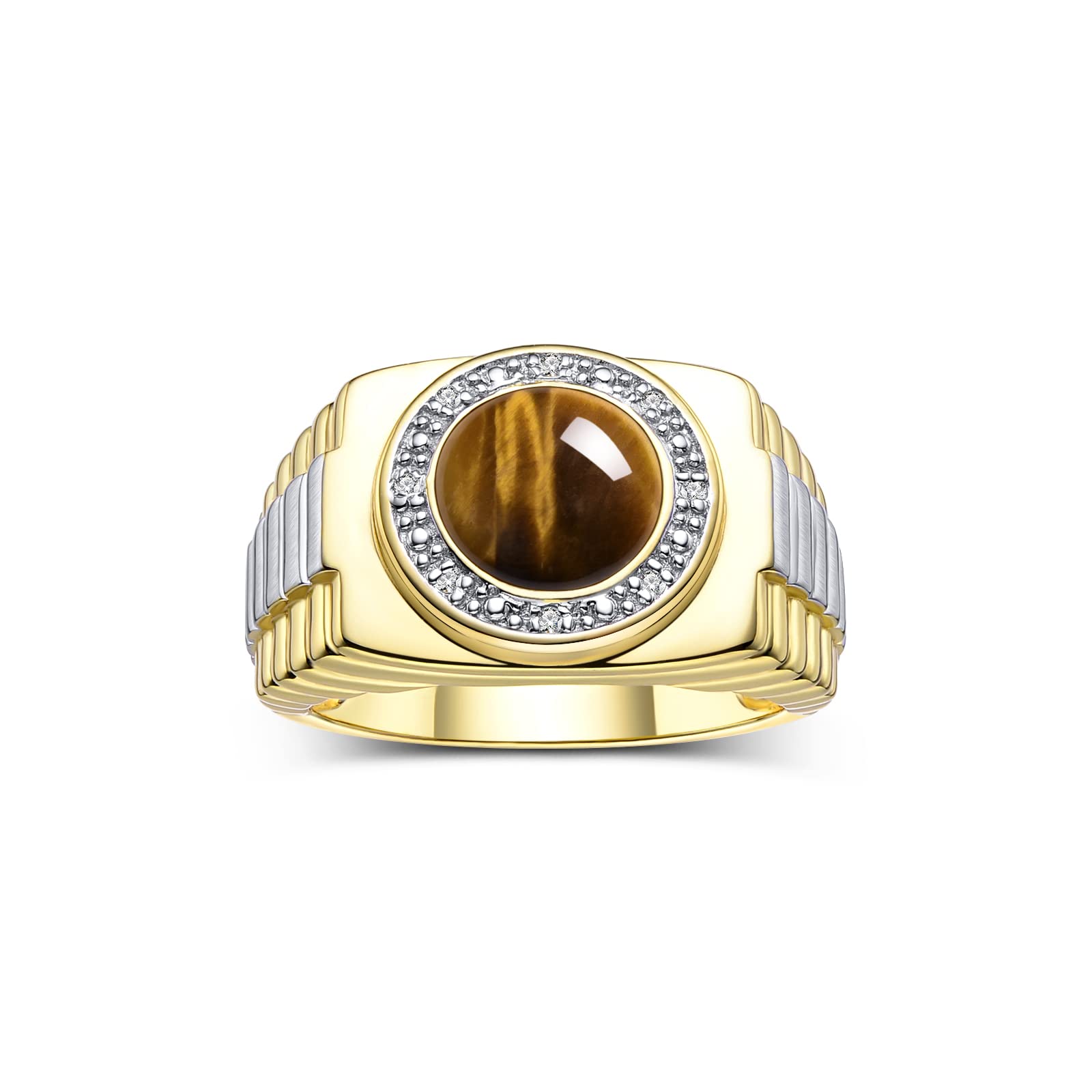 Rylos Men's Round Cabochon Gemstone & Diamond Ring - Yellow Gold Plated Silver Designer Ring for Men (Sizes 8-13) | Perfect for Weddings, Anniversaries & Special Occasions | Stylish Men's Jewelry Gift