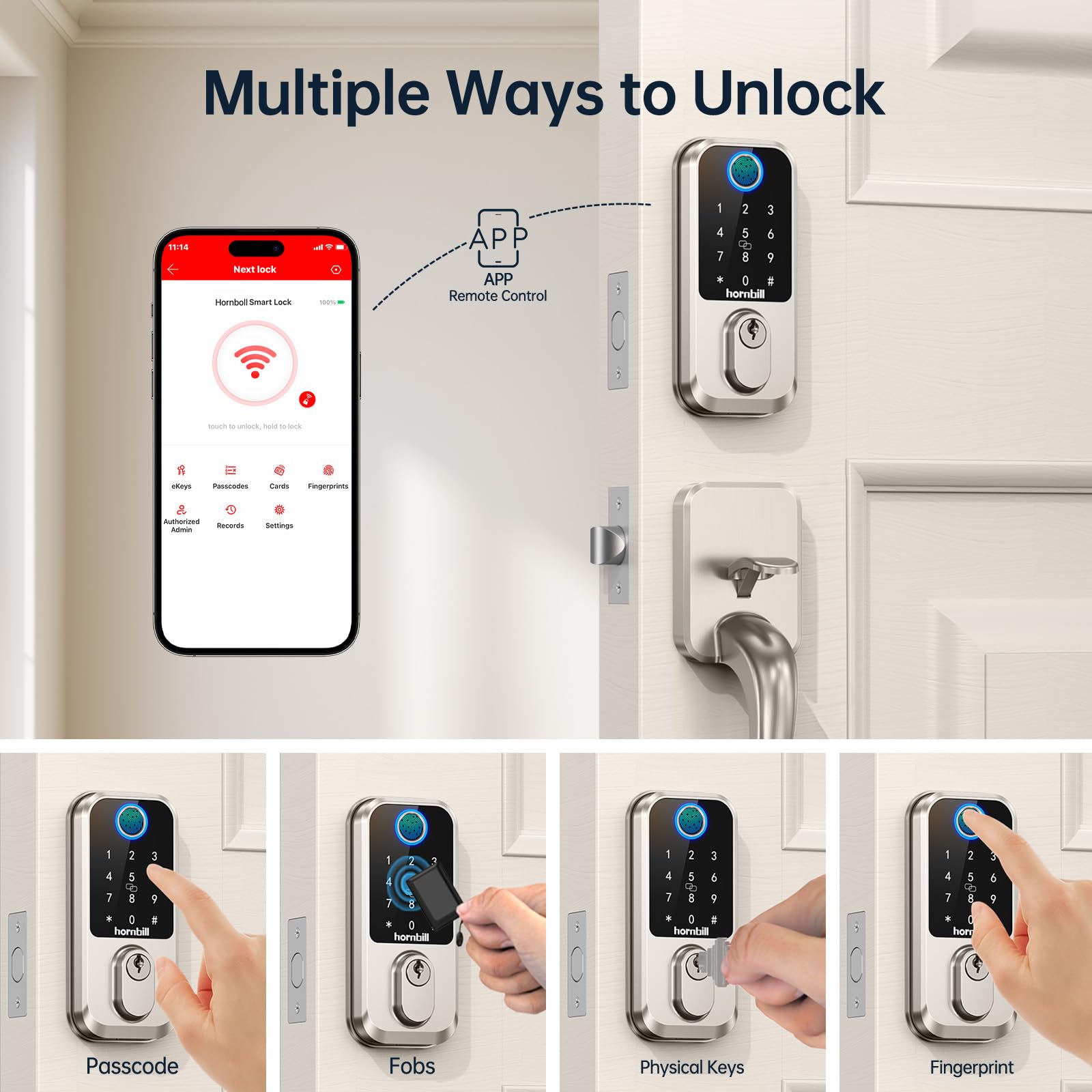 WiFi Fingerprint Smart Door Lock - Keyless Entry Deadbolt with Handle, Biometric Bluetooth Keypad Lock for Front Door & Entry Door - Satin Nickel Finish | Secure Home, Office & Vacation Rental Access