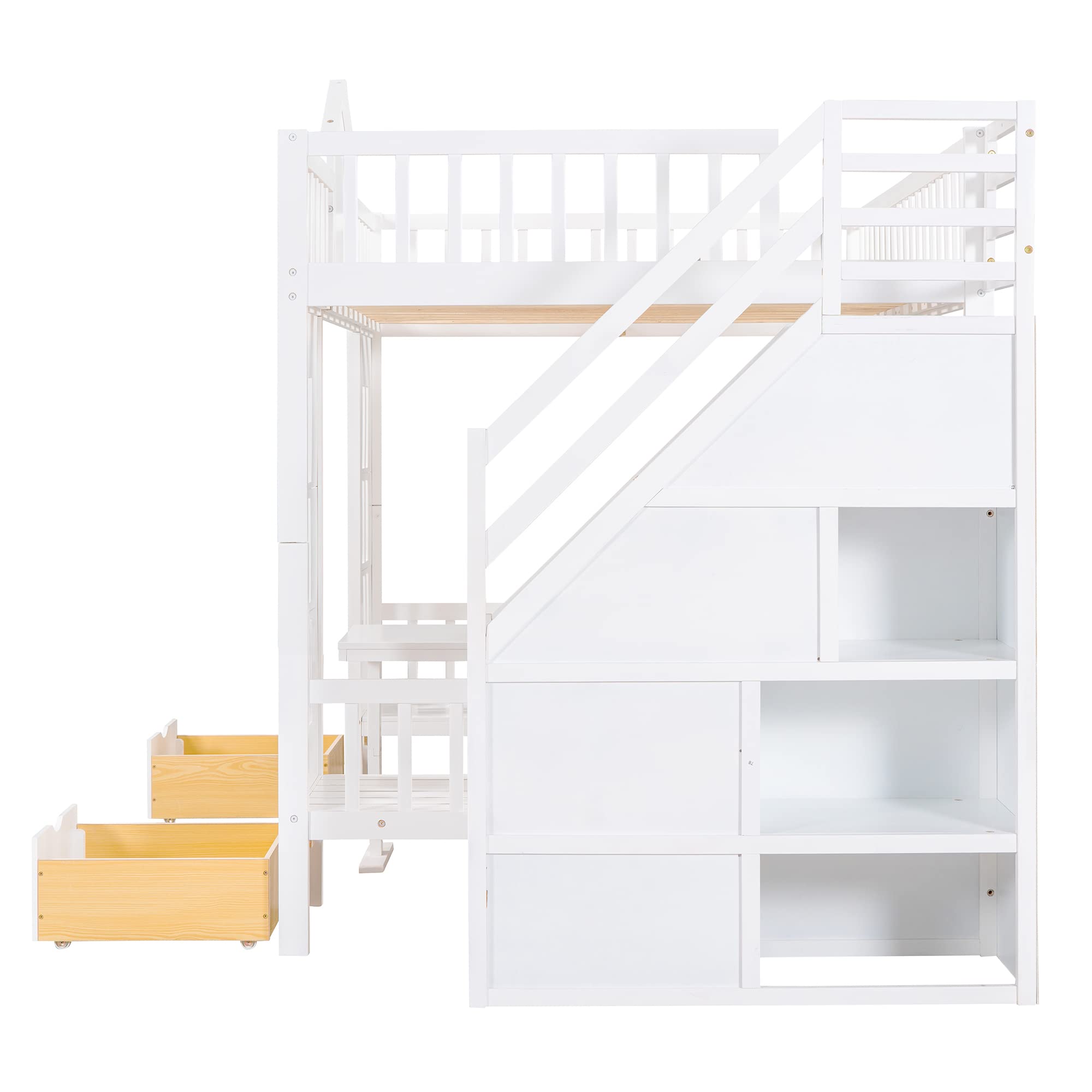 Solid Wood Full over Full Bunk Bed with Storage Staircase - Convertible Kids Bunk Bed Frame with Guardrail for Boys & Girls | Playhouse Design Twin Bunk Bed for Teens | Converts to Seating & Table Set (White) - Perfect for Small Bedrooms, Shared Kids Rooms & Space-Saving Solutions