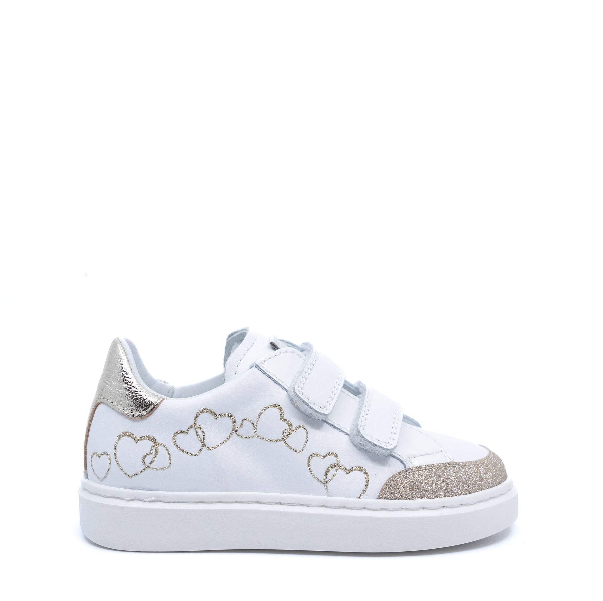 Beberlis White and Gold Heart Velcro Sneakers for Women - Comfortable Casual Shoes for Walking, Running, and Everyday Wear
