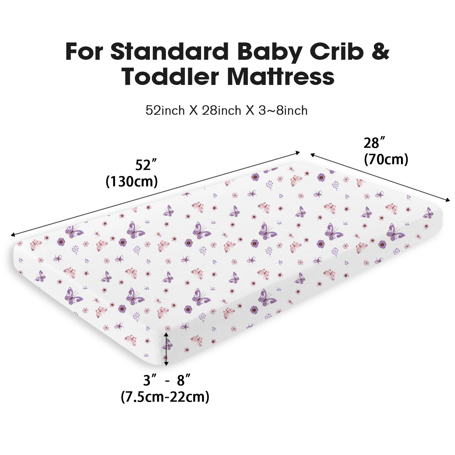 Little Grape Land 2-Pack Muslin Crib Sheets - 100% Cotton Soft Breathable Fitted Crib Sheets for Boys & Girls (52x28 Inches) - Neutral Baby Bed Sheets with Purple Butterfly Design - Perfect for Nursery, Daycare & Travel