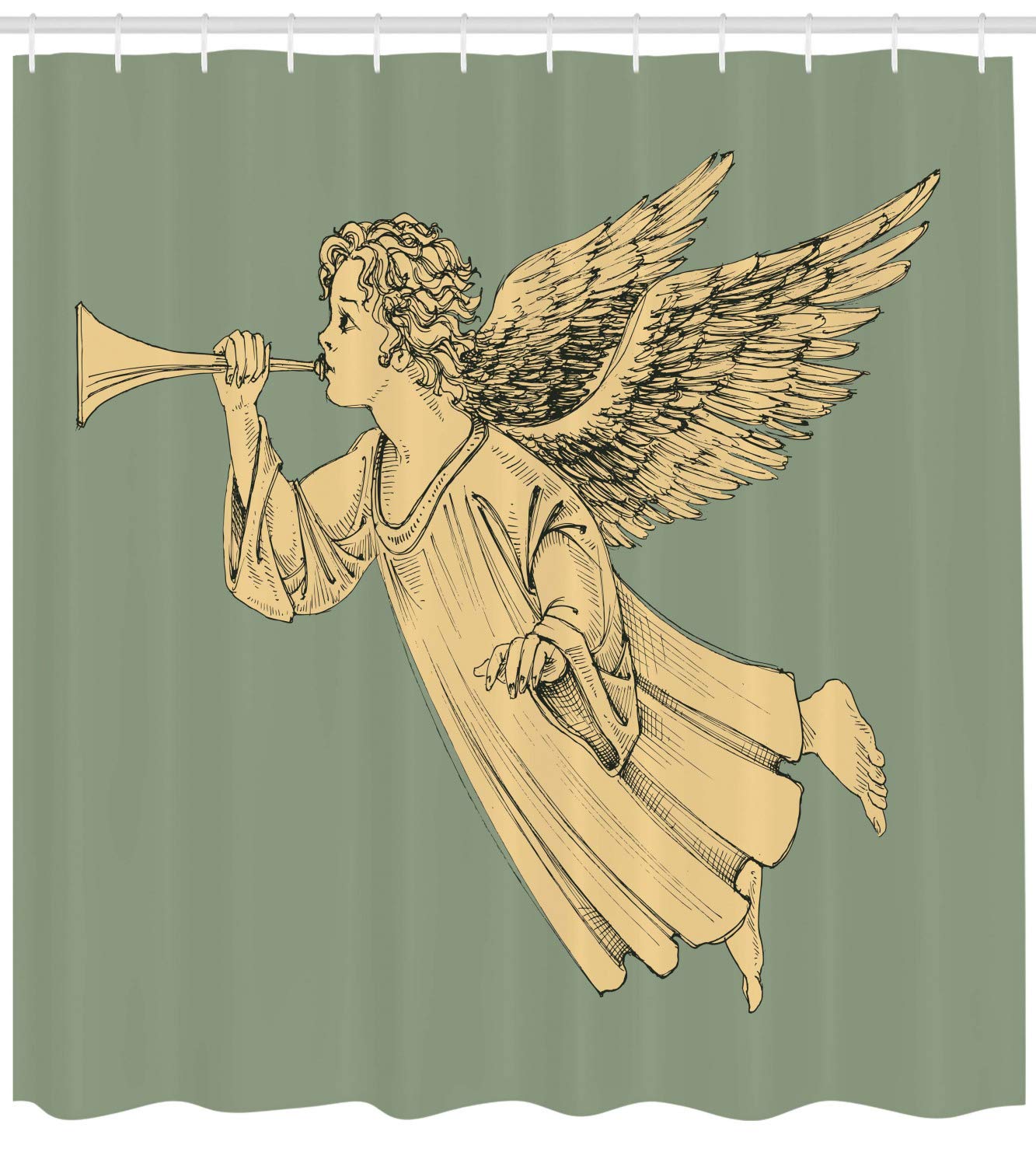 Ambesonne Christmas Shower Curtain - Flying Angel with Trumpet Mythological Art Bathroom Decor, 69x70 Inches, Yellow Mint - Holiday Bathroom Decor for Christmas, Gift Idea