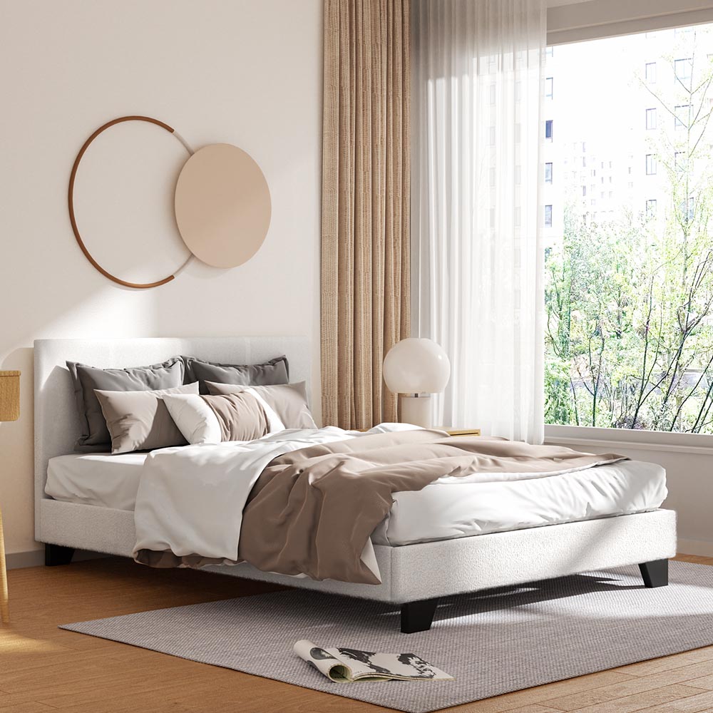 Coogee Double Bed Frame - Soft White Bouclé Upholstered Platform Bed with Wooden Legs | Modern Bedroom Furniture for Master & Guest Rooms