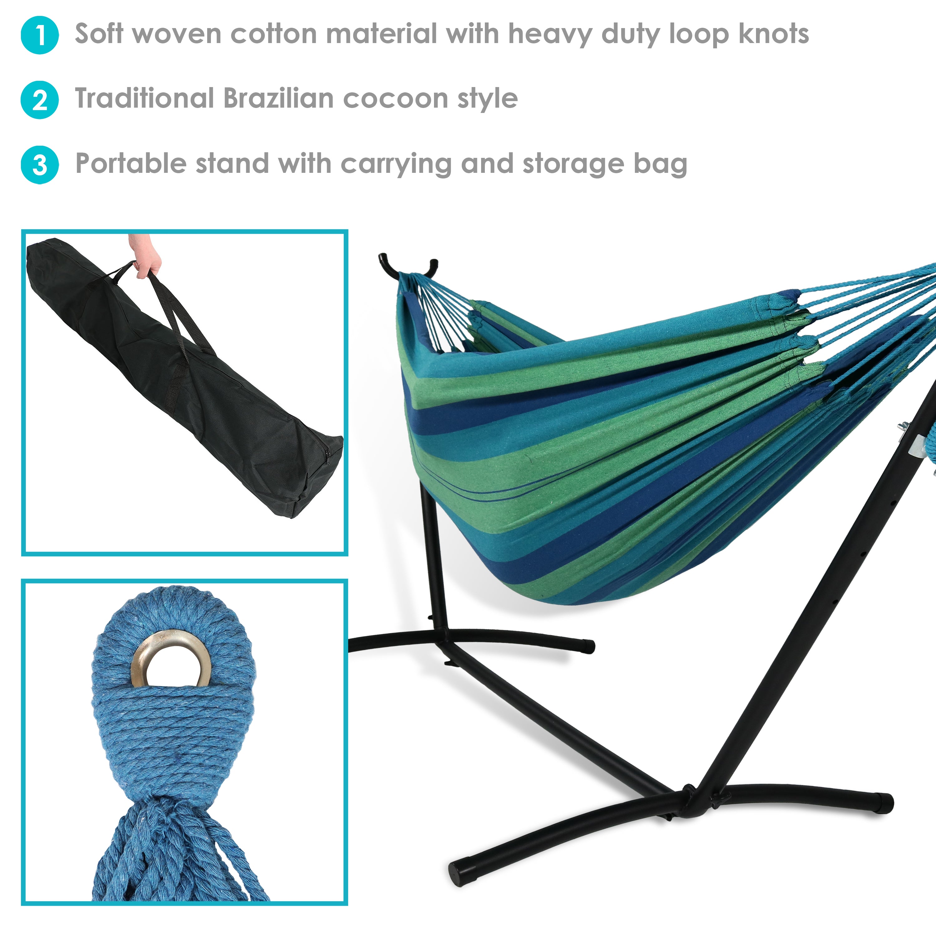 Premium Brazilian Double Hammock with Stand & Carry Bag - Heavy Duty Cotton Rope Hammock for Outdoor, Backyard, Patio & Beach Relaxation