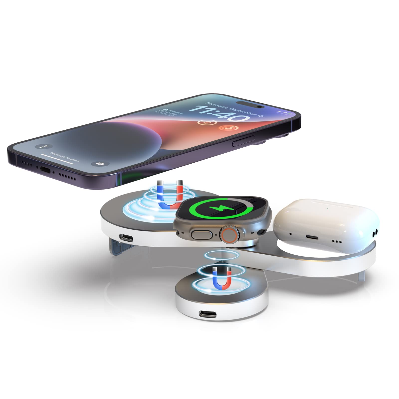 3-in-1 Magnetic Wireless Charging Station for iPhone 15/14/13/12/11 Pro Max, AirPods Pro 3/2, Apple Watch 2-9 Series | 15W Fast Foldable Stand Charger | Perfect for Nightstand, Office Desk & Travel Use