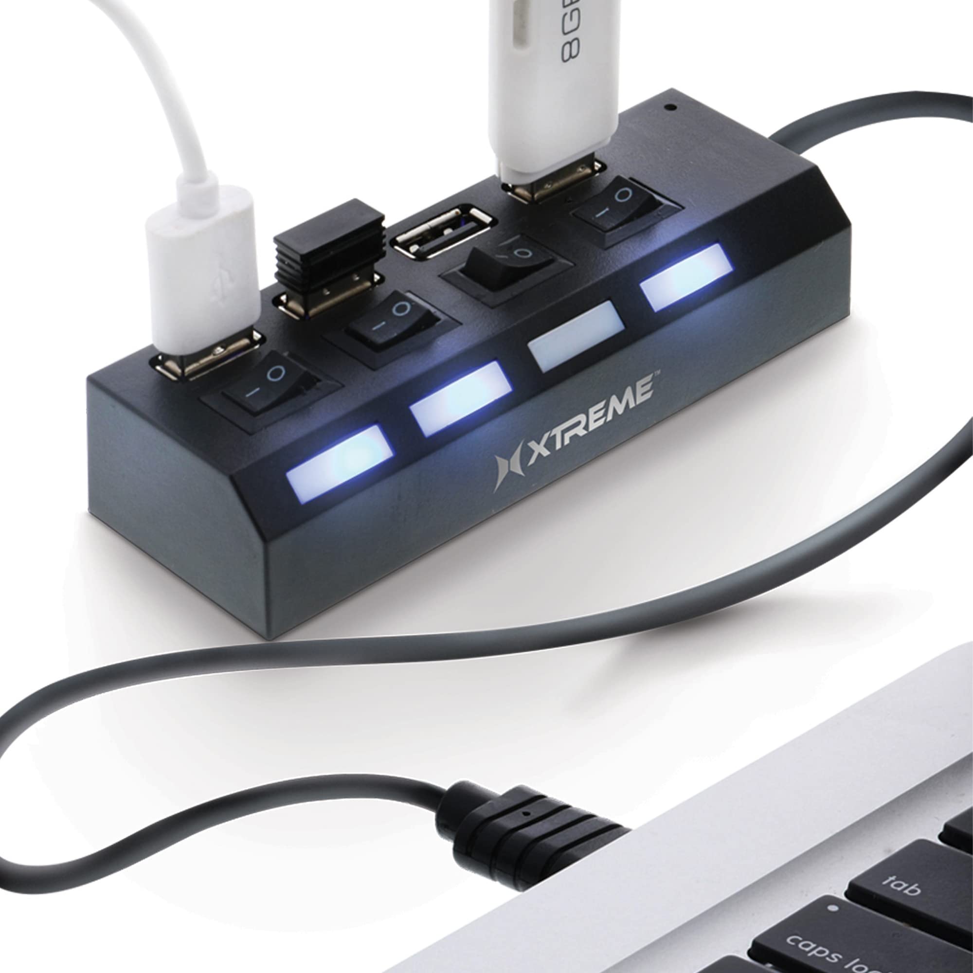 Xtreme 4-Port USB Hub with Individual LED Power Switches - High-Speed USB Splitter for Laptop & Desktop - Compatible with Wireless Mouse, Smartphone, Tablet (Plug & Play) - Perfect for Home Office, Gaming & Multi-Device Charging
