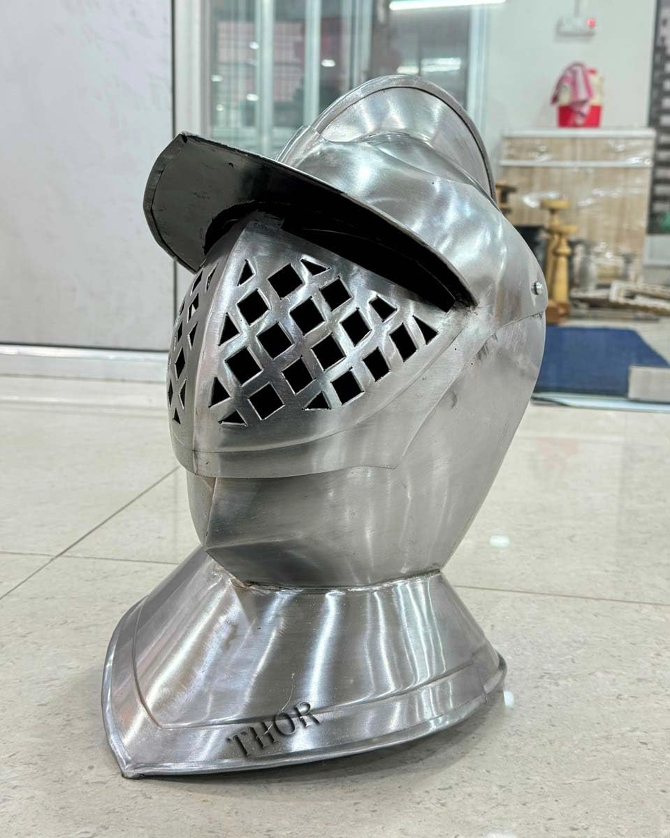 THOR INSTRUMENTS Medieval Knight Helmet - Silver Crusader Battle Armor Close Helmet for LARP, Cosplay & Historical Reenactment