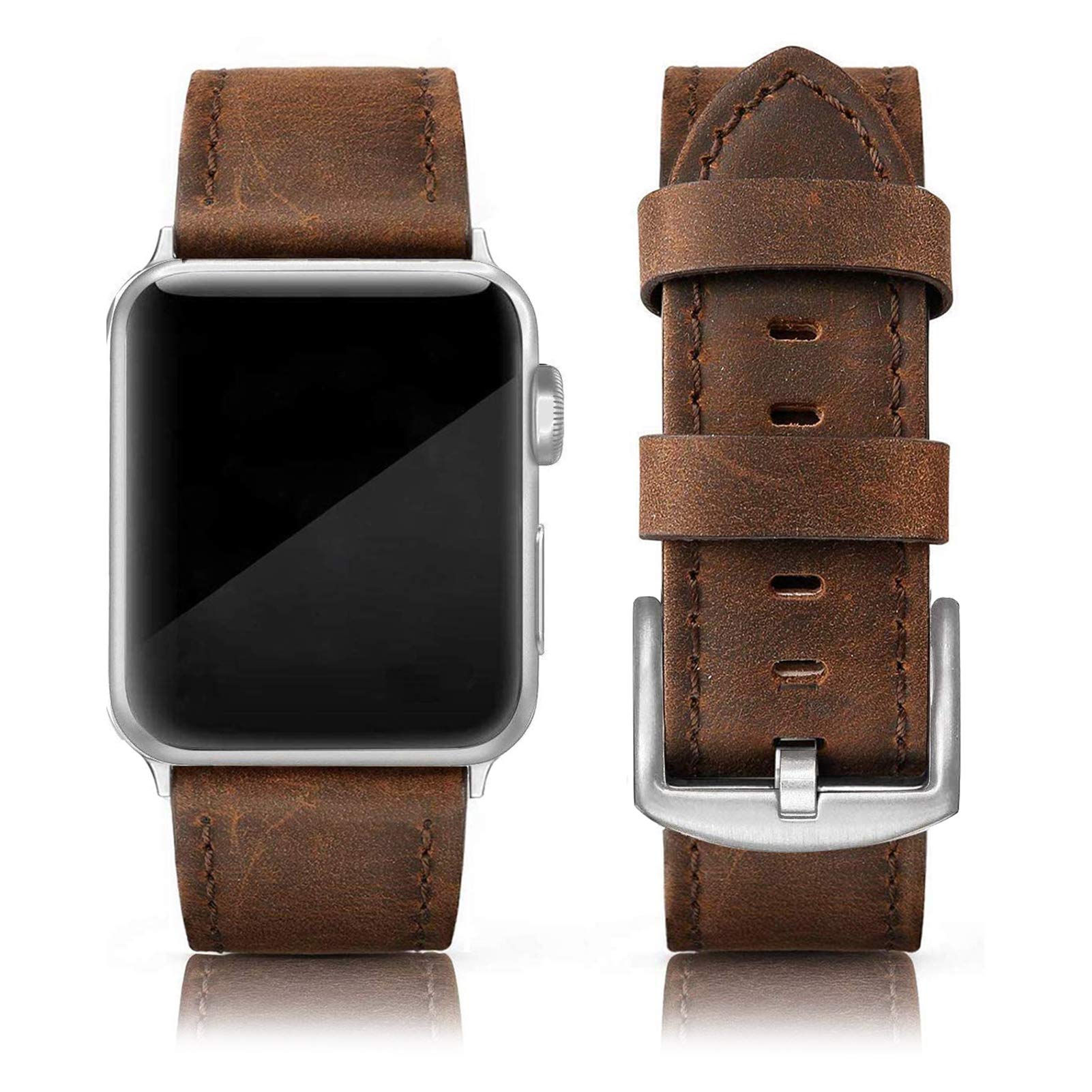Genuine Leather Bands for Apple Watch 45mm 44mm 42mm - Vintage Style Replacement Strap Compatible with Apple Watch Series 9/8/7/6/5/4/3/2/1 & SE - Perfect for Men & Women - Ideal for Workouts, Office Wear & Casual Style