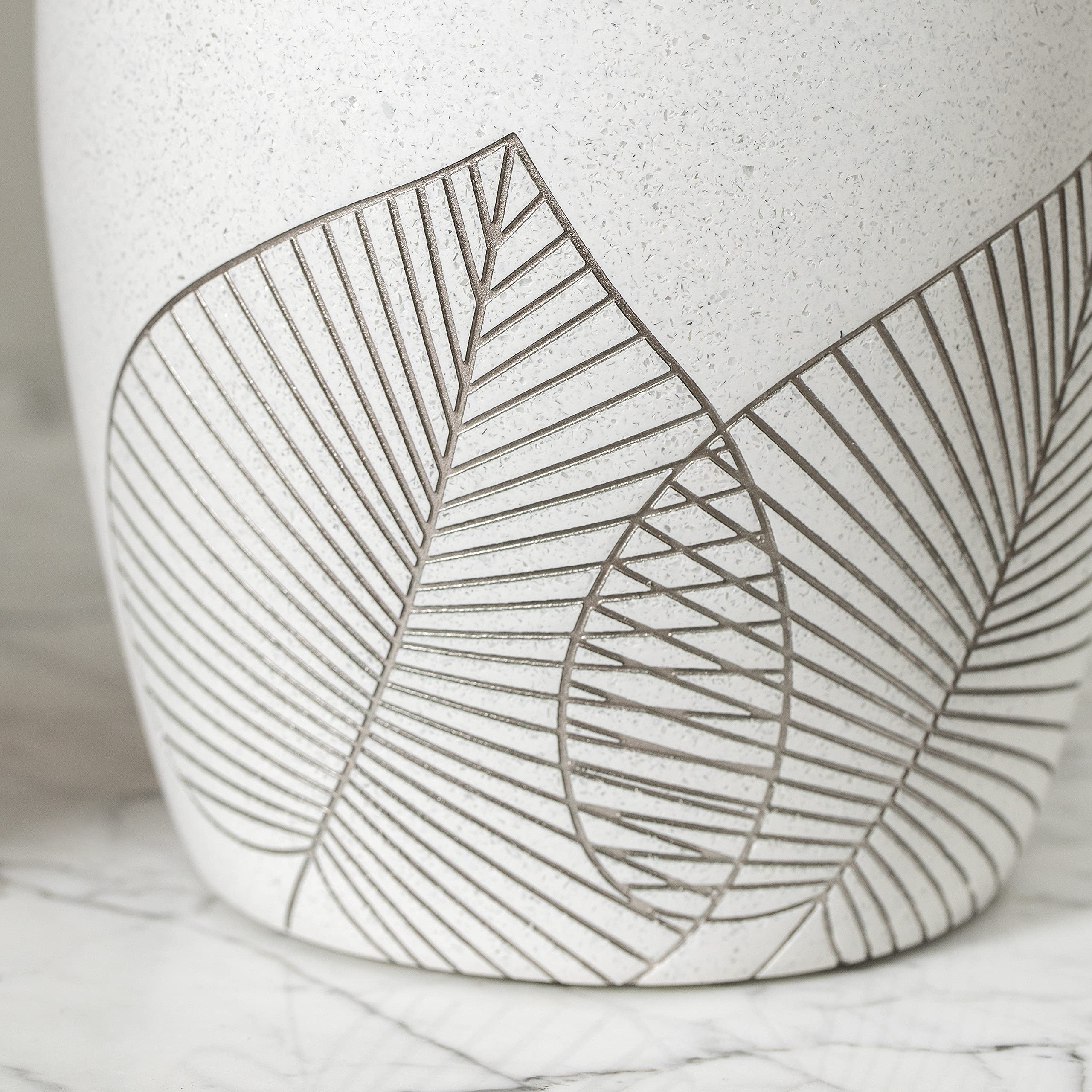 2-Pack Elegant Leaf Design High-Quality Polyresin Wastebasket Trash Can with Brush Holder - Perfect for Bathroom, Kitchen, Home Office & Powder Room - White