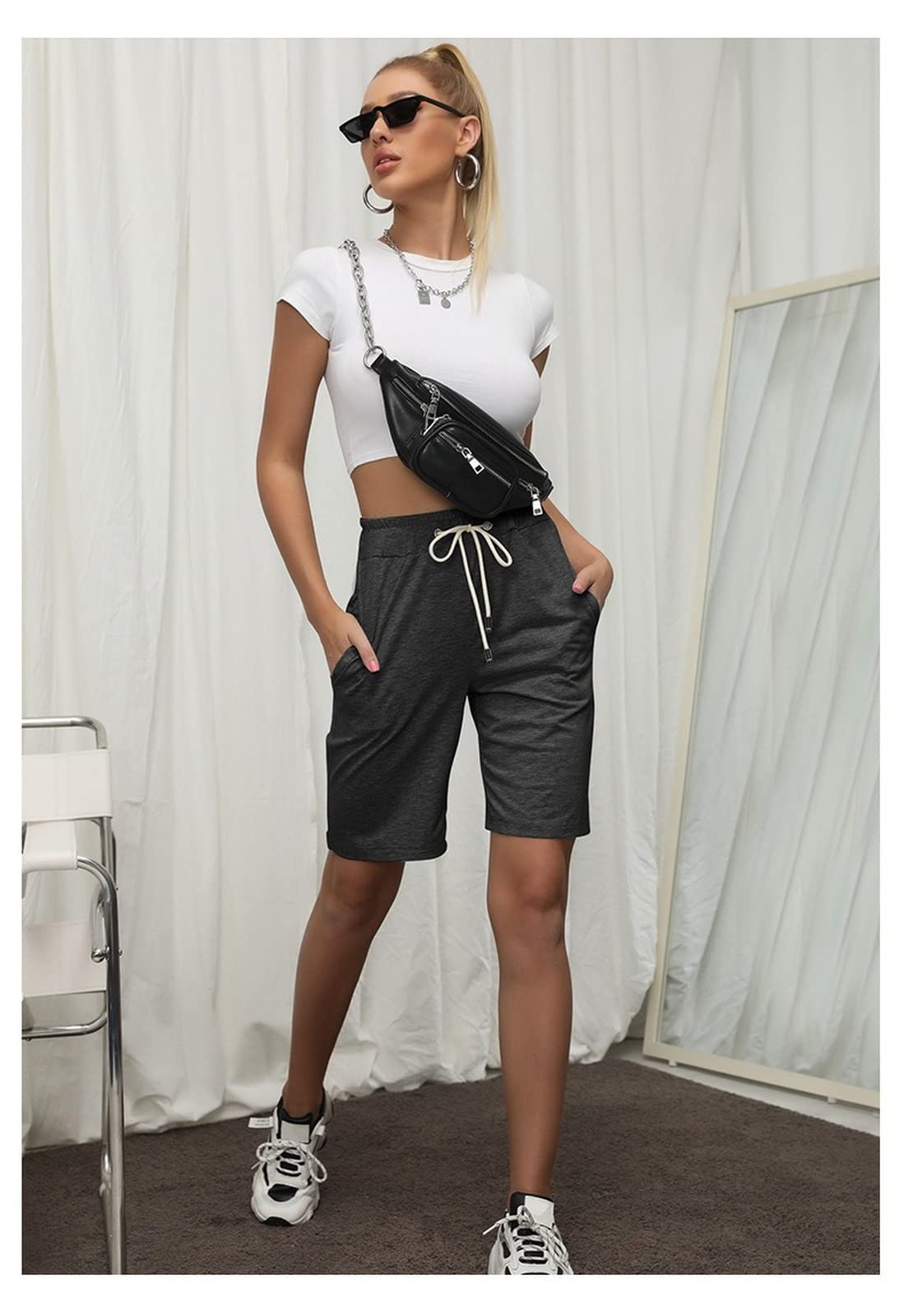 Women's Summer Bermuda Shorts with Pockets - Casual Knee-Length Workout Shorts with Comfortable Drawstring for Running, Gym, Yoga & Outdoor Activities