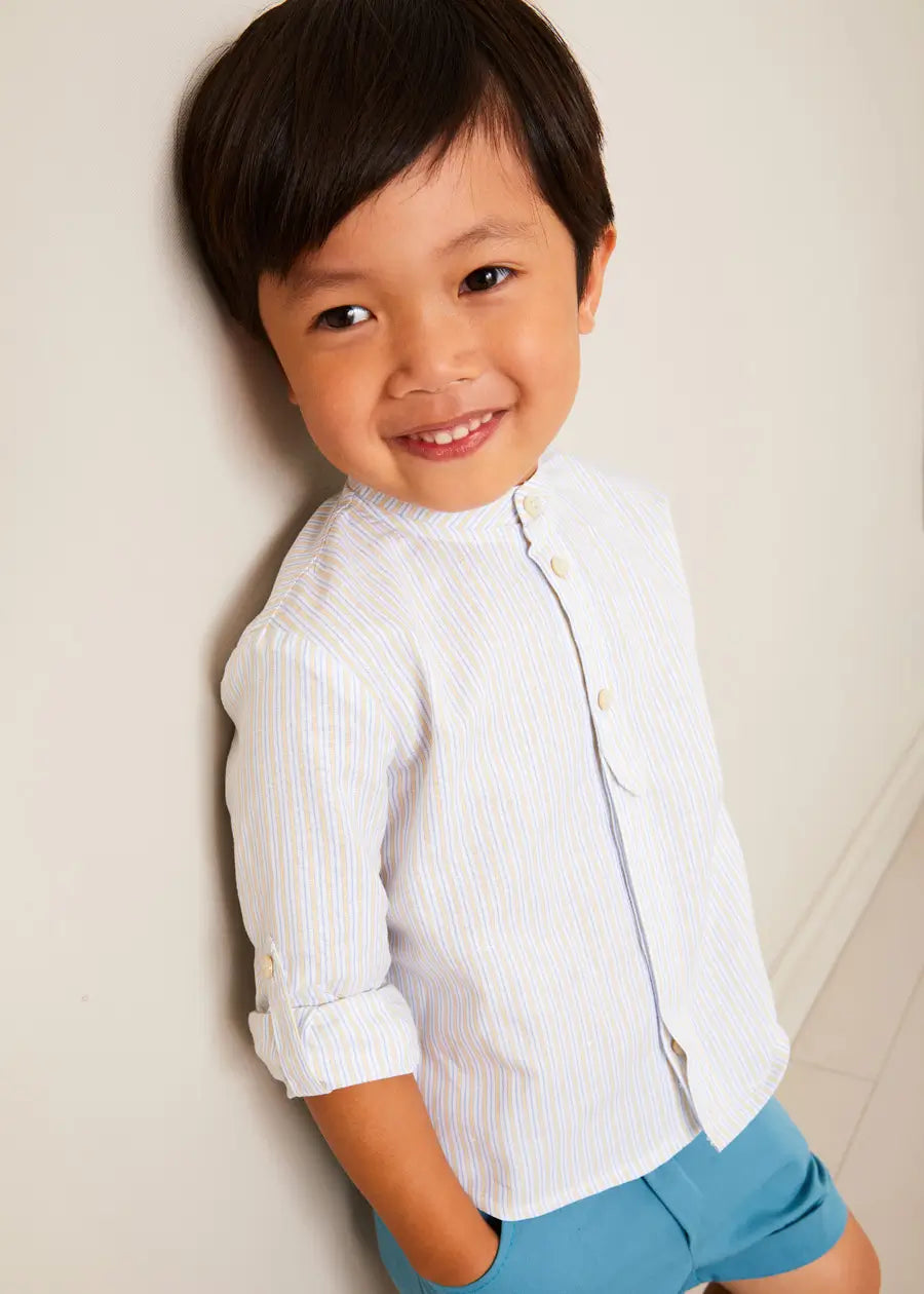 Stafford Striped Mao Collar Long Sleeve Shirt for Boys & Girls - Yellow (12 Months to 10 Years) - Perfect for School Uniforms, Family Photos & Special Occasions